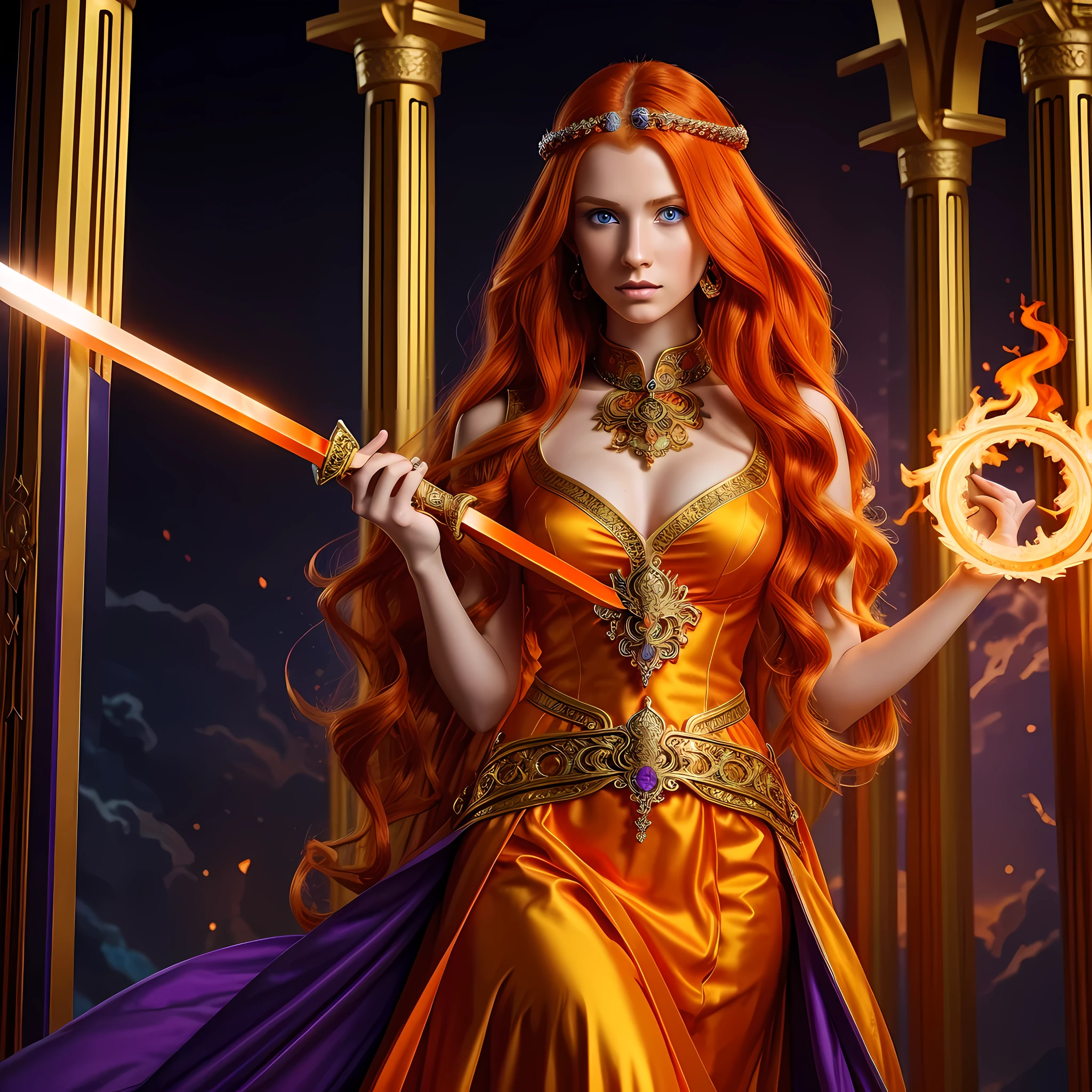 美丽的年轻女子, 高挑的女孩, 亮橙色的头发, 橙色长波浪发, 明亮的蓝眼睛, 皮肤苍白, 身穿带有华丽金色和紫色图案的红色武士服, 朴素的服装, 在用紫色石头砌成的寺庙里, 拿着一把橙色的长剑, 火热的背景, 火焰, 戏剧作品, 高品质数字艺术