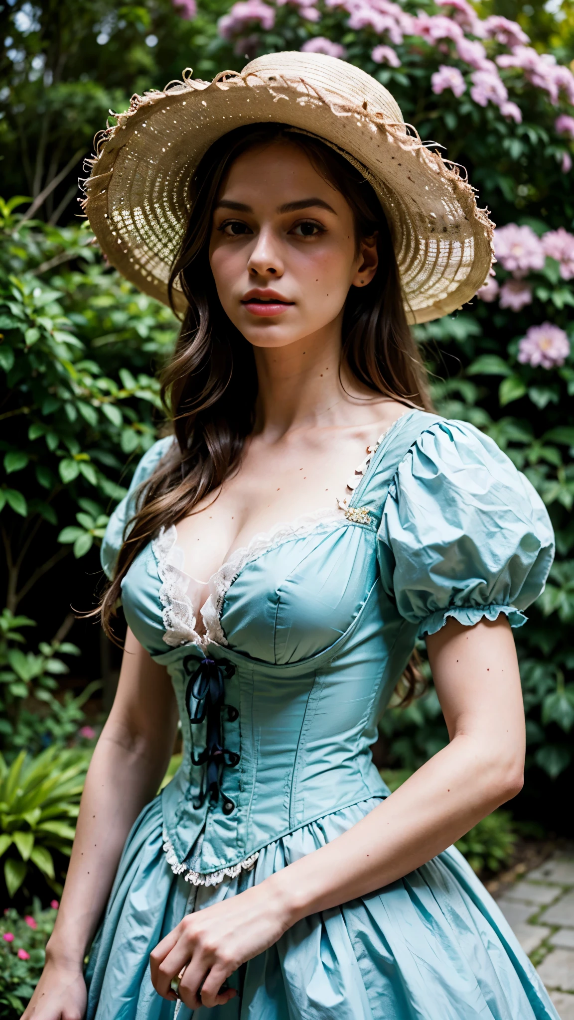 A fashionable woman in 1875, wearing an elegant dress with intricate lace details, Victorian-style corset, and a large feathered hat. She has delicate and detailed facial features, including beautiful eyes highlighted with long eyelashes, detailed lips, and a refined nose. The woman is standing in a blooming garden, surrounded by vibrant flowers and lush greenery. The garden is bathed in soft, warm sunlight, creating a romantic and dreamy atmosphere. The image quality is excellent, with high resolution (4k or 8k) and extreme detail description. The artwork is in the style of a realistic portrait from the 19th century, capturing the fashion and charm of that era. The color palette is inspired by vintage tones, with soft pastel shades and hints of earthy colors. The lighting is carefully crafted, casting gentle shadows and illuminating the woman's face and attire gracefully.