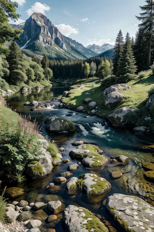 A mountain stream winding through a peaceful, green valley