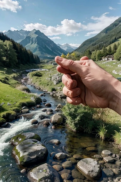 A mountain stream winding through a peaceful, green valley