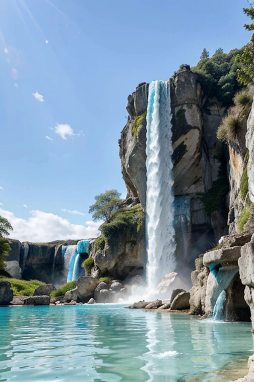A majestic waterfall with turquoise water falling into a clear blue pool