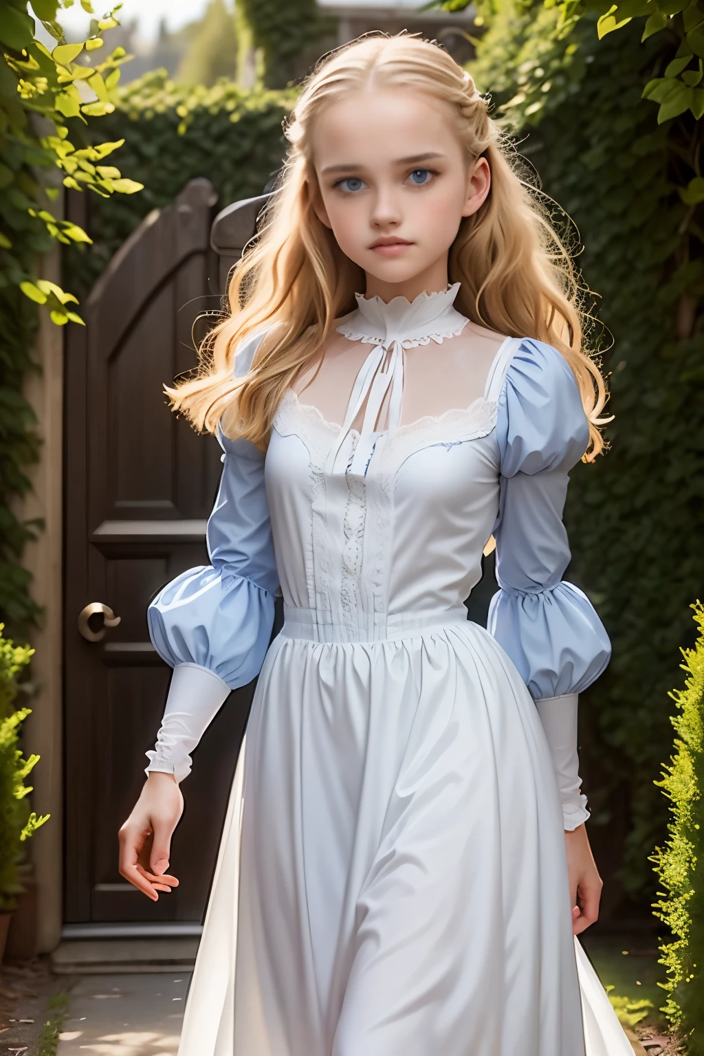 Virginia Otis, 15 years old (blond hair, blue eyes), thin, cute face, walks at night in Canterville Castle (inspired by the novel The Canterville Ghost). aged 1887, Victorian dark fantasy