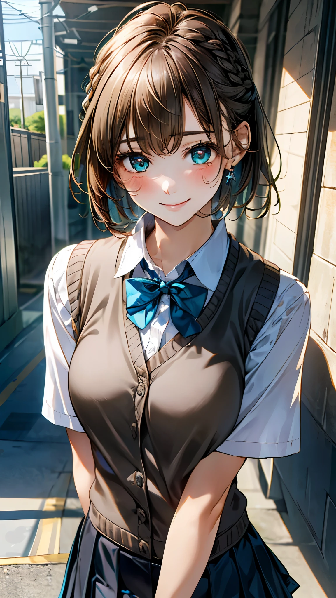 (masterpiece:1.2, top-quality), (realistic, photorealistic:1.4), beautiful illustration, (natural side lighting, movie lighting), 
looking at viewer, upper body, 1 girl, japanese, high school girl, 12 years old, perfect face, cute and symmetrical face, shiny skin, 
(short hair, braid, light brown hair), bangs, emerald greeneyes, big eyes, long eye lasher, (medium breasts), 
beautiful hair, beautiful face, beautiful detailed eyes, beautiful clavicle, beautiful body, beautiful chest, beautiful thigh, beautiful legs, beautiful fingers, 
((white collared shirts, light blue bow tie, dark grey pleated mini skirt, yellow grown knitted vest)), 
(beautiful scenery), evening, (school hallway), walking, ((breast grab)), (in heat, aroused, seductive smile),