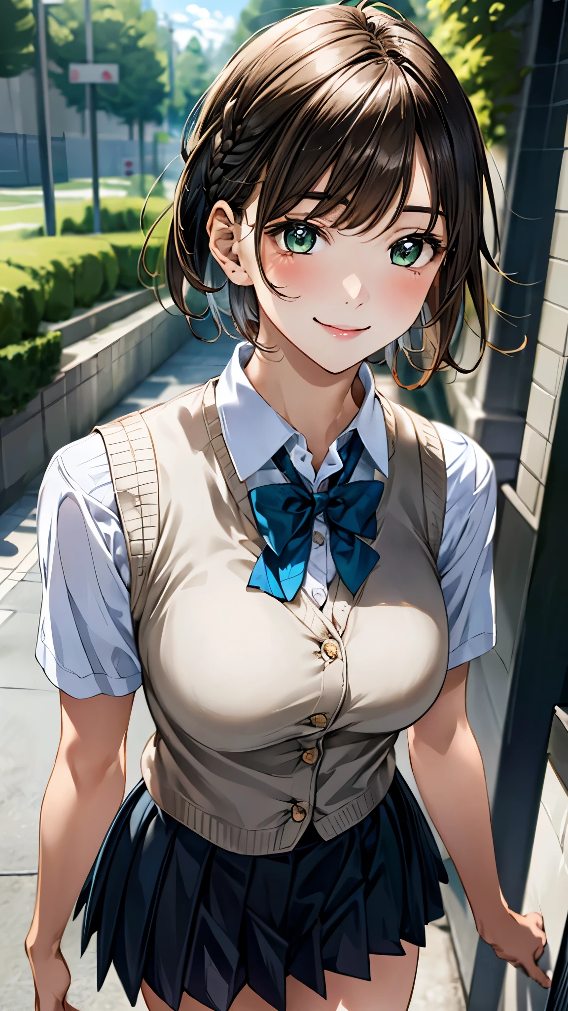 (masterpiece:1.2, top-quality), (realistic, photorealistic:1.4), beautiful illustration, (natural side lighting, movie lighting), 
looking at viewer, upper body, 1 girl, japanese, high school girl, 12 years old, perfect face, cute and symmetrical face, shiny skin, 
(short hair, braid, light brown hair), bangs, emerald greeneyes, big eyes, long eye lasher, (medium breasts), 
beautiful hair, beautiful face, beautiful detailed eyes, beautiful clavicle, beautiful body, beautiful chest, beautiful thigh, beautiful legs, beautiful fingers, 
((white collared shirts, light blue bow tie, dark grey pleated mini skirt, yellow grown knitted vest)), 
(beautiful scenery), evening, (school hallway), walking, ((breast grab)), (in heat, aroused, seductive smile),