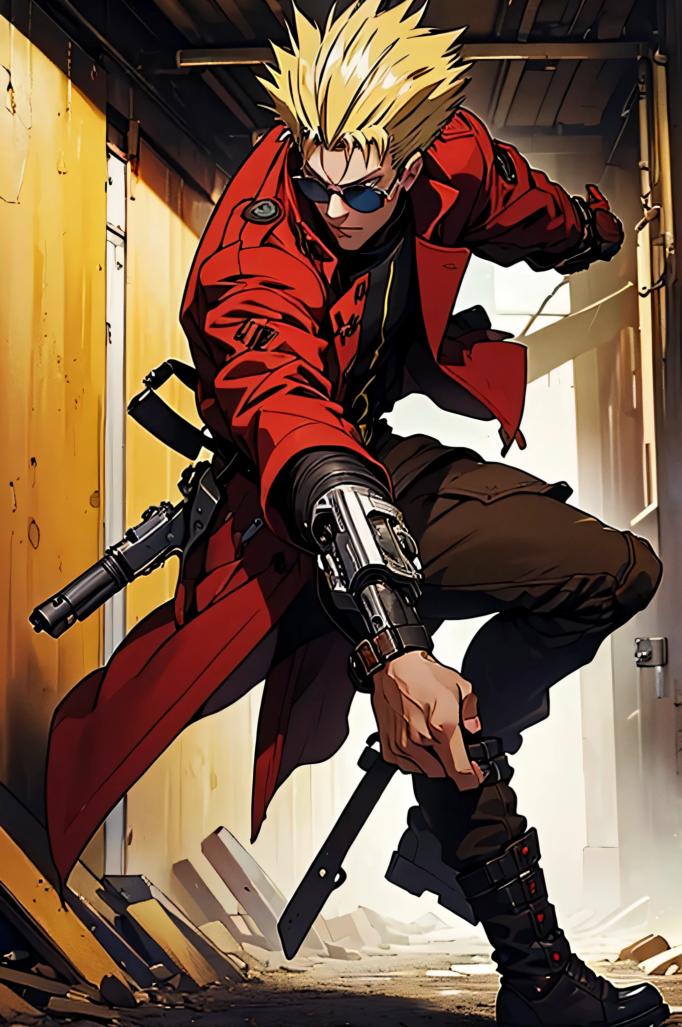 (masterpiece:1.4), (highest quality:1.4), (High resolution:1.4), anatomically perfect body, perfect handgun, (Vash Stampede), yellowい髪, blue eyes, (red trench coat), black pants, (Sunglasses with round lenses, yellow), loaded, big revolver gun, hard action pose