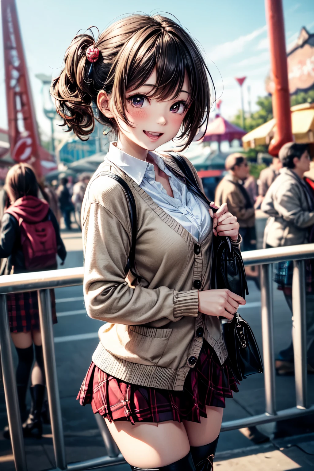 very cute and beautiful girl in amusement park ride,(highly detailed beautiful face),(white blouse),
laugh,(smile),happy,(beige cardigan:1.2) BREAK zettai ryouiki,(plaid brown mini skirt:1.2),
hair ornament,black hair,(black shoulder bag),(black boots),
(best quality,masterpiece:1.2),absurdres,highres,ultra-detailed,extremely detailed,32k,8k resolution,
intricate details,cinematic scene,detailed background,solo,dynamic angle,