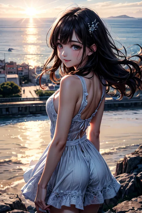 very cute and beautiful girl,teen,white sun dress with detailed frills,(highly detailed beautiful face),
walking slopy pathway to hilltop,(sea side Mediterranean cityscape),distant harbor,beautiful summer sky,
cowboy shot,(smile),(looking back,from behind)...