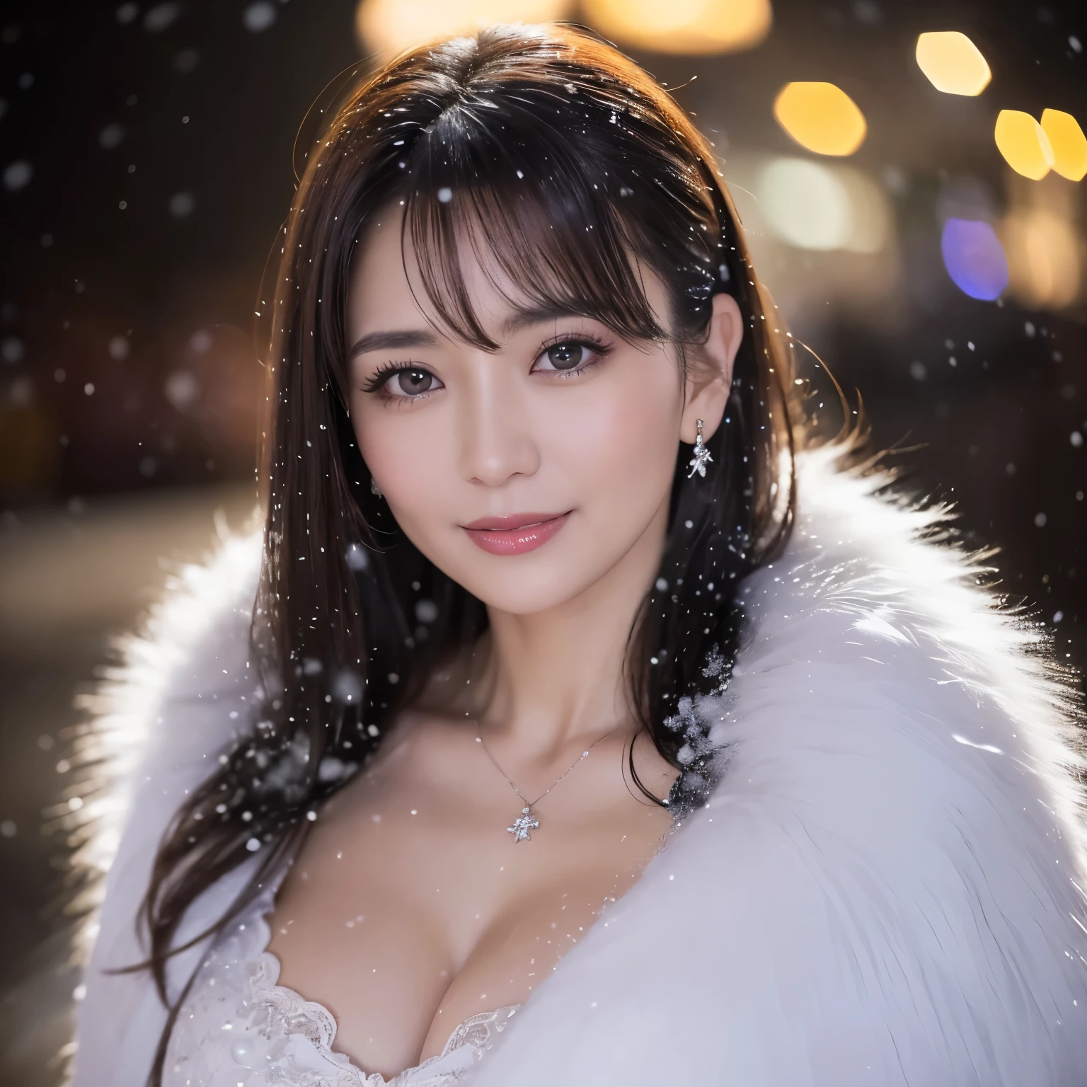 ((highest quality、table top、8K、best image quality、Award-winning work))、one beautiful mature woman、45 year old mature woman、smile looking at me、(close up of face:1.4)、(cleavage:1.1)、(big breasts:1.1)、(Perfect and classy thick fur coat:1.3)、epic movie lighting、(romantic love feelings:1.2)、(The most romantic and moody atmosphere:1.2)、(winter city:1.1)、Snowy landscape in the city:1.1)、(The snow in the air sparkles finely:1.2)、(It&#39;s snowing heavily:1.1)、(Tyndall effect:1.1)、(Night view of the city with snow falling:1.5)、Shining beautiful skin、(accurate anatomy:1.1)、Ultra high definition beauty face、long eyelashes、natural makeup、ultra high definition hair、Ultra high definition eyes、(超高解像度でShining beautiful skin:1.1)、Super high resolution glossy lips、radiant beautiful skin