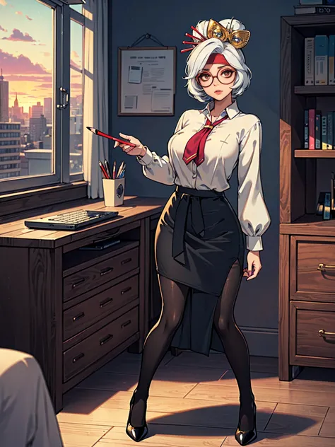 ((masterpiece, standing,best quality, purah, white hair, brown eyes, red headband, hair ornament, hair sticks, red glasses, shy,...