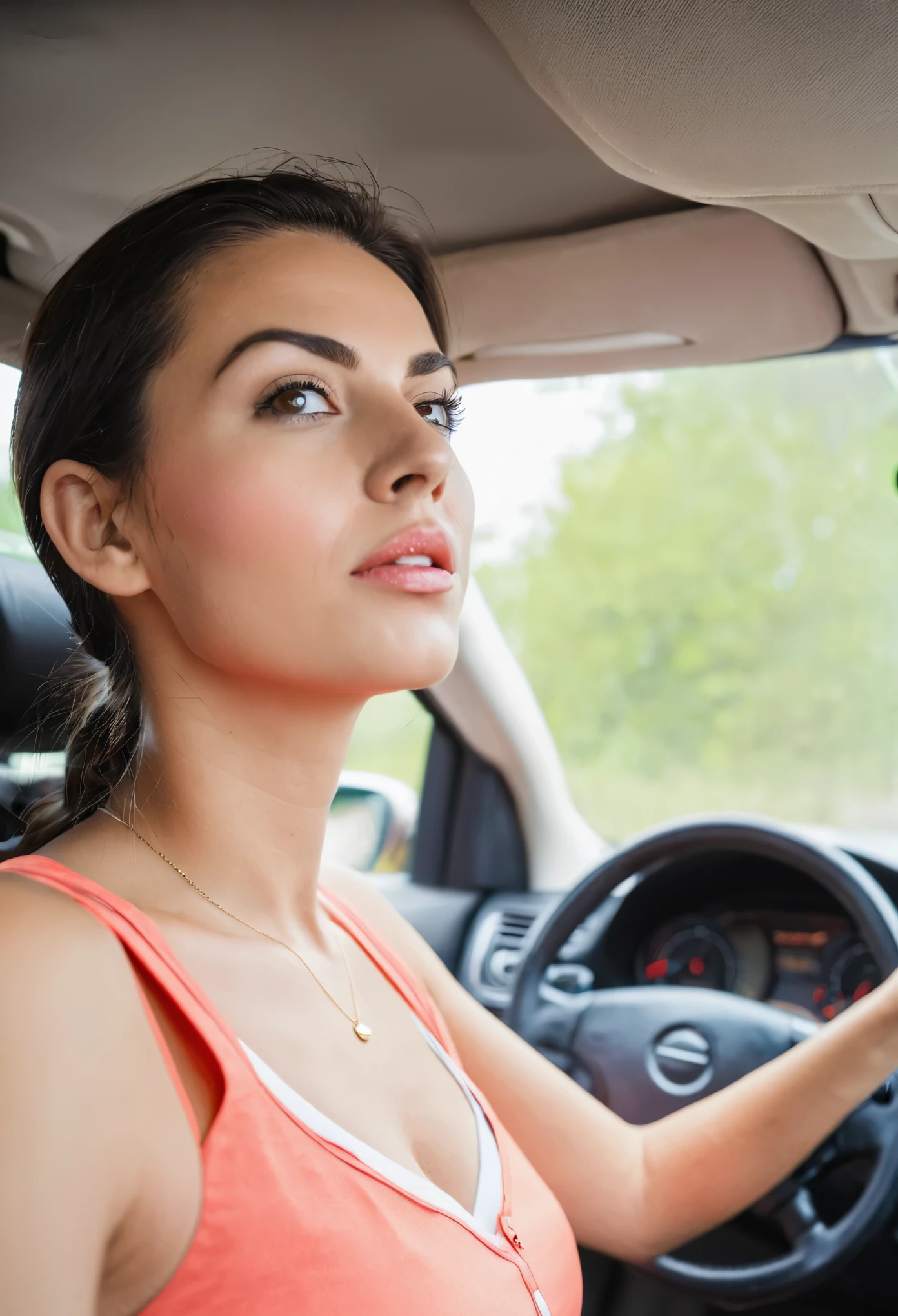 Woman driving a car with a cell phone in her hand - SeaArt AI