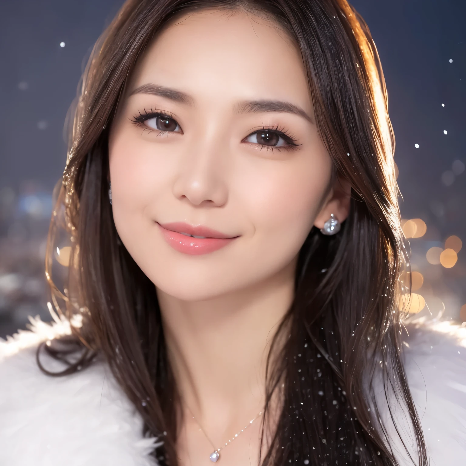 ((highest quality、table top、8K、best image quality、Award-winning work))、one beautiful woman、smile looking at me、(close up of face:1.4)、(elegant thick fur coat:1.1)、(cleavage:1.2)、(big breasts:1.2)、epic movie lighting、(romantic love feelings:1.1)、(The most romantic and moody atmosphere:1.1)、winter city、Snowy landscape in the city、(The snow in the air sparkles finely:1.1)、(It&#39;s snowing heavily:1.1)、(Tyndall effect:1.1)、(Night view of the city with snow falling:1.2)、Shining beautiful skin、(accurate anatomy:1.1)、Ultra high definition beauty face、long eyelashes、natural makeup、ultra high definition hair、Ultra high definition eyes、(Shining beautiful skin with ultra-high resolution:1.1)、Super high resolution glossy lips、radiant beautiful skin