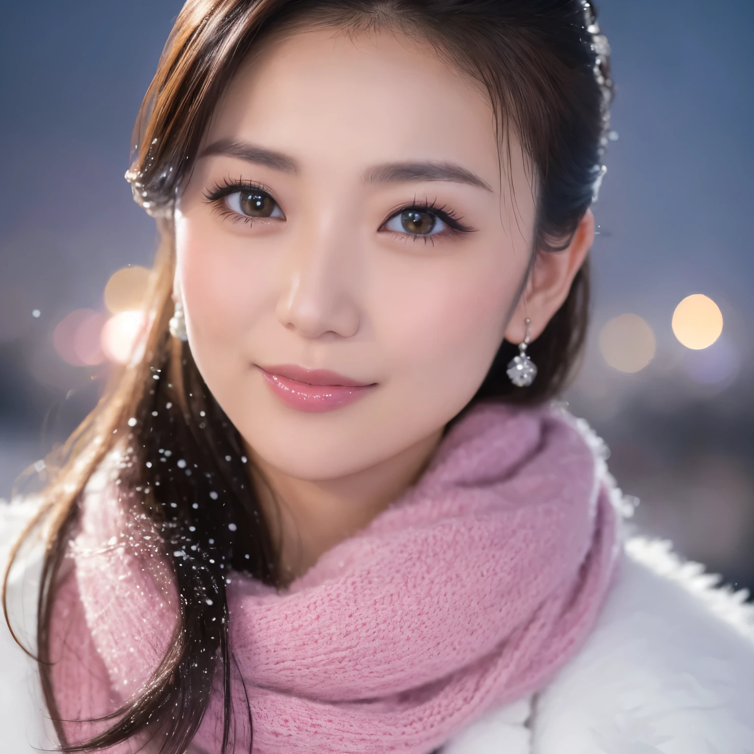 ((highest quality、table top、8K、best image quality、Award-winning work))、one beautiful woman、smile looking at me、(close up of face:1.6)、(Perfect and most natural pink long scarf:1.2)、(Elegant gray thick coat:1.1)、epic movie lighting、(romantic love feelings:1.1)、(The most romantic and moody atmosphere:1.1)、winter city、Snowy landscape in the city、(The snow in the air sparkles finely:1.1)、(It&#39;s snowing heavily:1.1)、(Tyndall effect:1.1)、(Night view of the city with snow falling:1.2)、Shining beautiful skin、(accurate anatomy:1.1)、Ultra high definition beauty face、long eyelashes、natural makeup、ultra high definition hair、Ultra high definition eyes、(Shining beautiful skin with ultra-high resolution:1.1)、Super high resolution glossy lips、radiant beautiful skin
