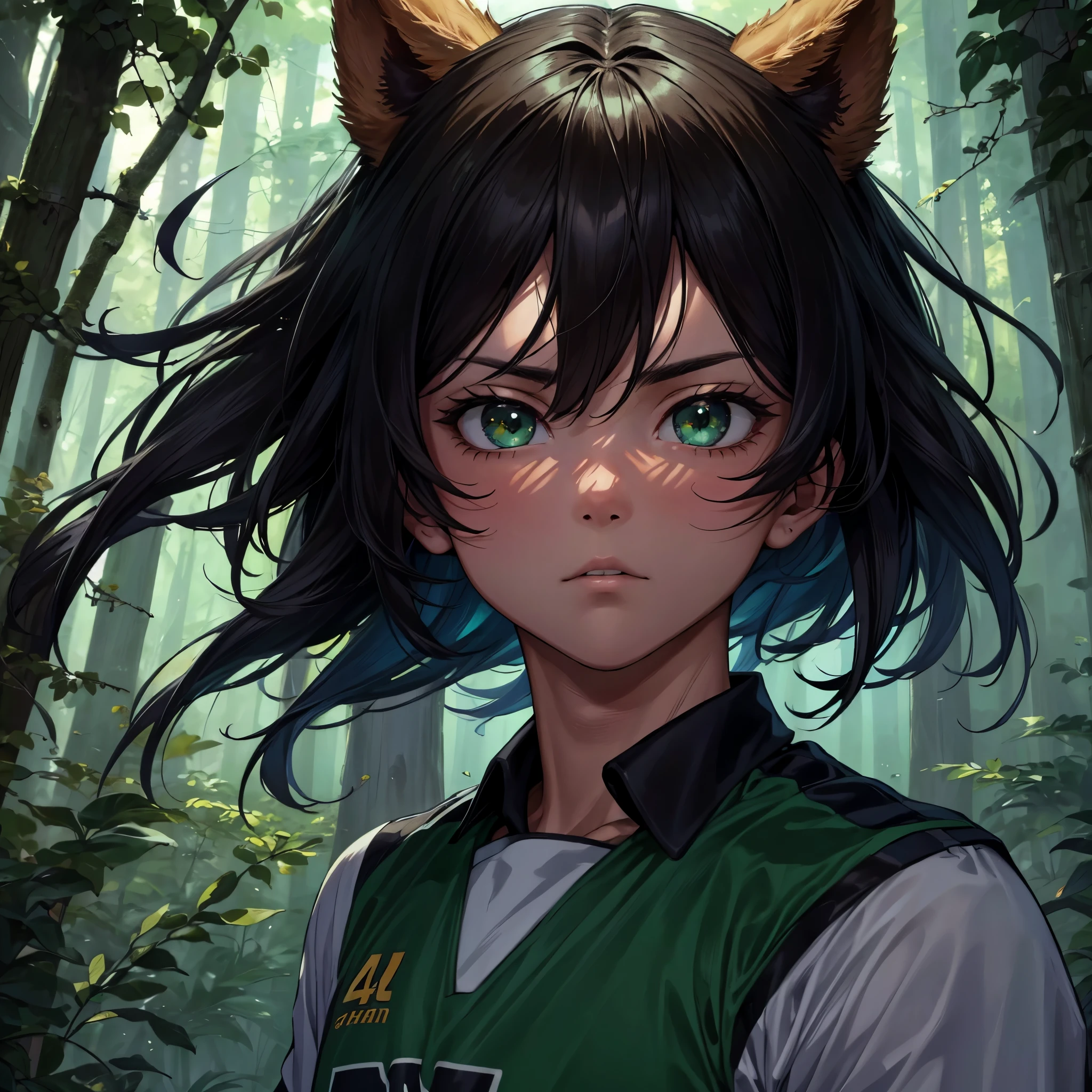 (best quality,4k,8k,highres,masterpiece:1.2), ultra-detailed, 1boy, masculino, soccer uniform, green eyes, inside the forest, furious face, forest