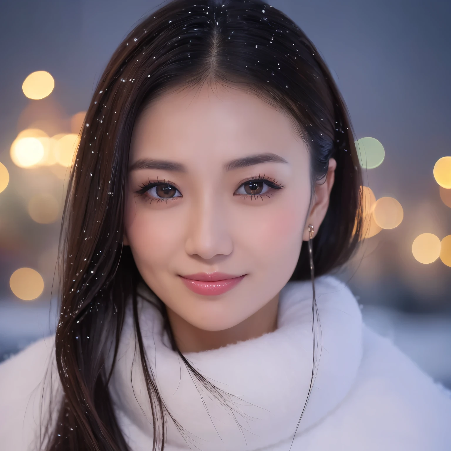 ((highest quality、table top、8K、best image quality、Award-winning work))、one beautiful woman、smile looking at me、(close up of face:1.6)、(The perfect and most natural long muffler:1.2)、(elegant thick coat:1.1)、epic movie lighting、(romantic love feelings:1.1)、(The most romantic and moody atmosphere:1.1)、winter city、Snowy landscape in the city、(The snow in the air sparkles finely:1.1)、(It&#39;s snowing heavily:1.1)、(Tyndall effect:1.1)、(Night view of the city with snow falling:1.2)、Shining beautiful skin、(accurate anatomy:1.1)、Ultra high definition beauty face、long eyelashes、natural makeup、ultra high definition hair、Ultra high definition eyes、(Shining beautiful skin with ultra-high resolution:1.1)、Super high resolution glossy lips、radiant beautiful skin