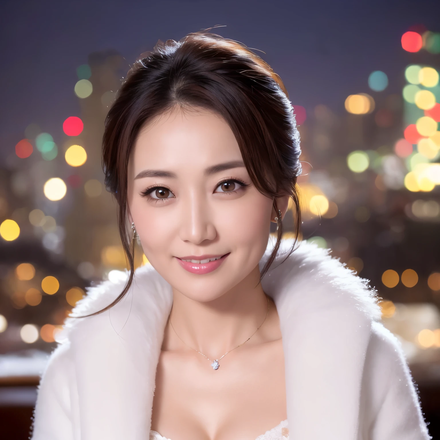 ((highest quality、table top、8K、best image quality、Award-winning work))、one beautiful mature woman、45 year old mature woman、smile looking at me、(close up of face:1.4)、(cleavage:1.2)、(big breasts:1.2)、(Perfect and classy thick fur coat:1.1)、epic movie lighting、(romantic love feelings:1.1)、(The most romantic and moody atmosphere:1.1)、winter city、Snowy landscape in the city、(The snow in the air sparkles finely:1.1)、(It&#39;s snowing heavily:1.1)、(Tyndall effect:1.1)、(Night view of the city with snow falling:1.2)、Shining beautiful skin、(accurate anatomy:1.1)、Ultra high definition beauty face、long eyelashes、natural makeup、ultra high definition hair、Ultra high definition eyes、(Shining beautiful skin with ultra-high resolution:1.1)、Super high resolution glossy lips、radiant beautiful skin