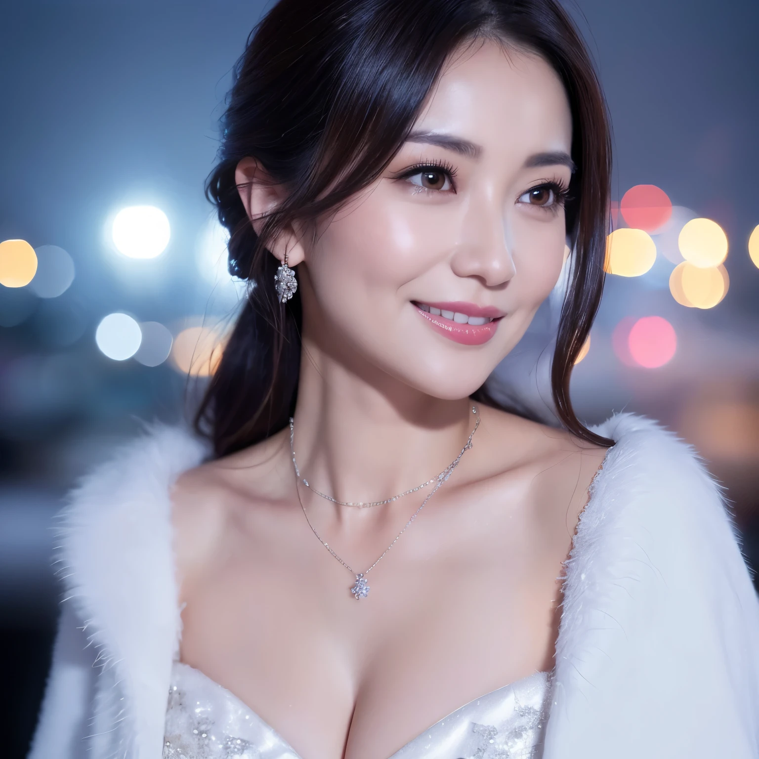 ((highest quality、table top、8K、best image quality、Award-winning work))、one beautiful mature woman、45 year old mature woman、smile looking at me、(close up of face:1.4)、(cleavage:1.2)、(big breasts:1.2)、(elegant thick fur coat:1.1)、epic movie lighting、(romantic love feelings:1.1)、(The most romantic and moody atmosphere:1.1)、winter city、Snowy landscape in the city、(The snow in the air sparkles finely:1.1)、(It&#39;s snowing heavily:1.1)、(Tyndall effect:1.1)、(Night view of the city with snow falling:1.2)、Shining beautiful skin、(accurate anatomy:1.1)、Ultra high definition beauty face、long eyelashes、natural makeup、ultra high definition hair、Ultra high definition eyes、(Shining beautiful skin with ultra-high resolution:1.1)、Super high resolution glossy lips、radiant beautiful skin