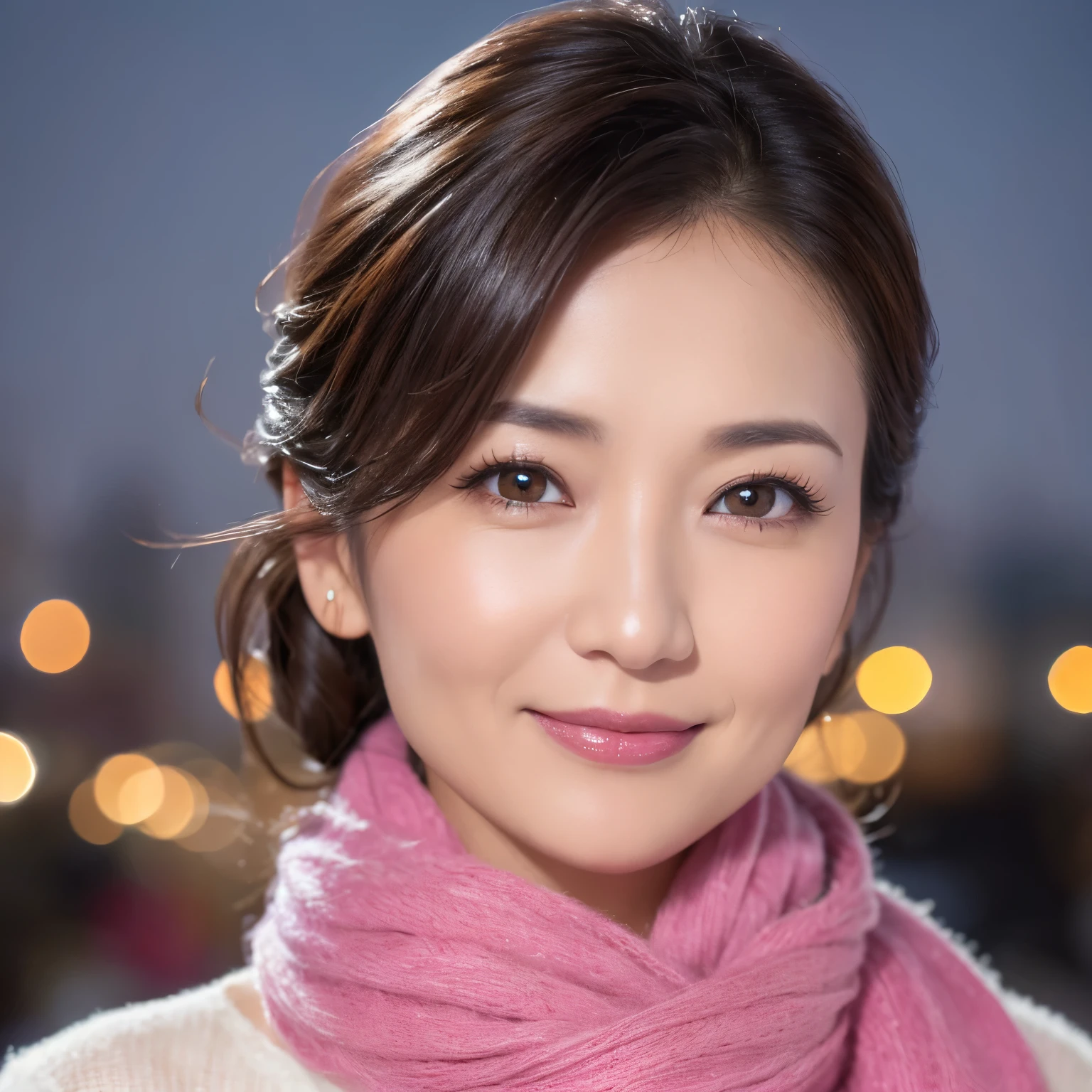 ((highest quality、table top、8K、best image quality、Award-winning work))、one beautiful mature woman、45 year old mature woman、smile looking at me、(close up of face:1.6)、(Perfect and most natural pink long scarf:1.2)、(Elegant gray thick coat:1.1)、epic movie lighting、(romantic love feelings:1.1)、(The most romantic and moody atmosphere:1.1)、winter city、Snowy landscape in the city、(The snow in the air sparkles finely:1.1)、(It&#39;s snowing heavily:1.1)、(Tyndall effect:1.1)、(Night view of the city with snow falling:1.2)、Shining beautiful skin、(accurate anatomy:1.1)、Ultra high definition beauty face、long eyelashes、natural makeup、ultra high definition hair、Ultra high definition eyes、(Shining beautiful skin with ultra-high resolution:1.1)、Super high resolution glossy lips、radiant beautiful skin