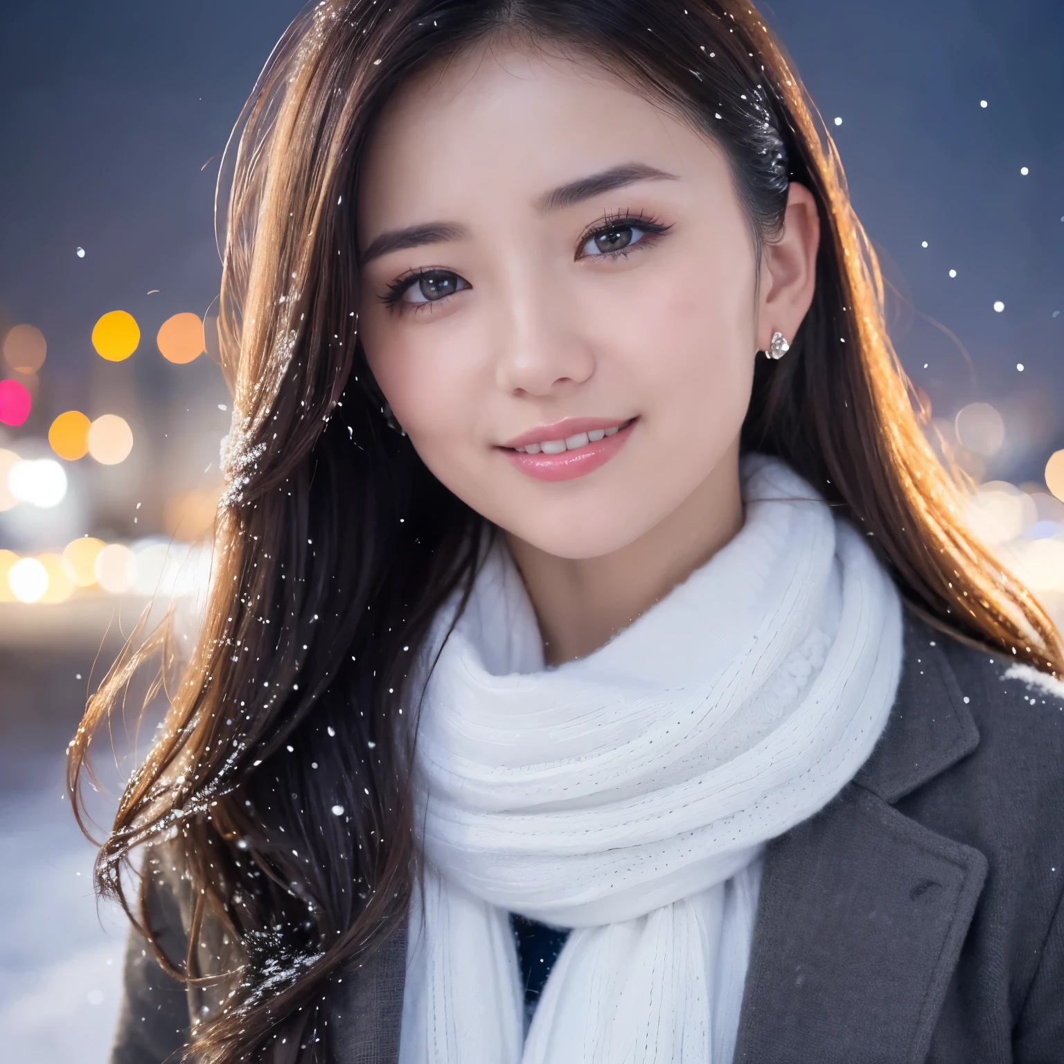 ((highest quality、table top、8K、best image quality、Award-winning work))、one beautiful woman、smile looking at me、(close up of face:1.6)、(The perfect and most natural long muffler:1.2)、(elegant thick coat:1.1)、epic movie lighting、(romantic love feelings:1.1)、(The most romantic and moody atmosphere:1.1)、winter city、Snowy landscape in the city、(The snow in the air sparkles finely:1.1)、(It&#39;s snowing heavily:1.1)、(Tyndall effect:1.1)、(Night view of the city with snow falling:1.2)、Shining beautiful skin、(accurate anatomy:1.1)、Ultra high definition beauty face、long eyelashes、natural makeup、ultra high definition hair、Ultra high definition eyes、(超高解像度でShining beautiful skin:1.1)、Super high resolution glossy lips、radiant beautiful skin