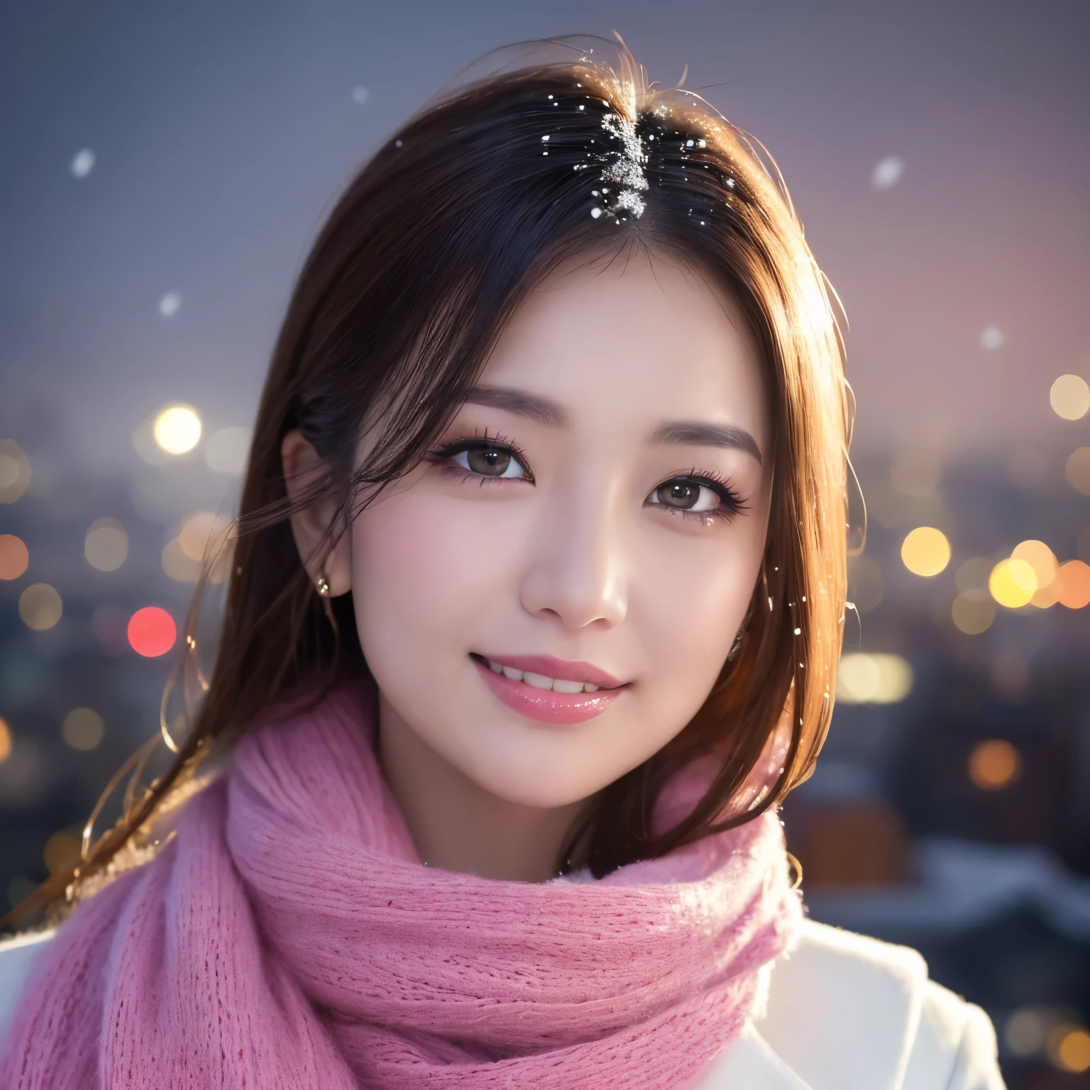 ((highest quality、table top、8K、best image quality、Award-winning work))、one beautiful woman、smile looking at me、(close up of face:1.6)、(The perfect and most natural red long scarf:1.2)、(elegant thick white coat:1.1)、epic movie lighting、(romantic love feelings:1.1)、(The most romantic and moody atmosphere:1.1)、winter city、Snowy landscape in the city、(The snow in the air sparkles finely:1.1)、(It&#39;s snowing heavily:1.1)、(Tyndall effect:1.1)、(Night view of the city with snow falling:1.2)、Shining beautiful skin、(accurate anatomy:1.1)、Ultra high definition beauty face、long eyelashes、natural makeup、ultra high definition hair、Ultra high definition eyes、(超高解像度でShining beautiful skin:1.1)、Super high resolution glossy lips、radiant beautiful skin