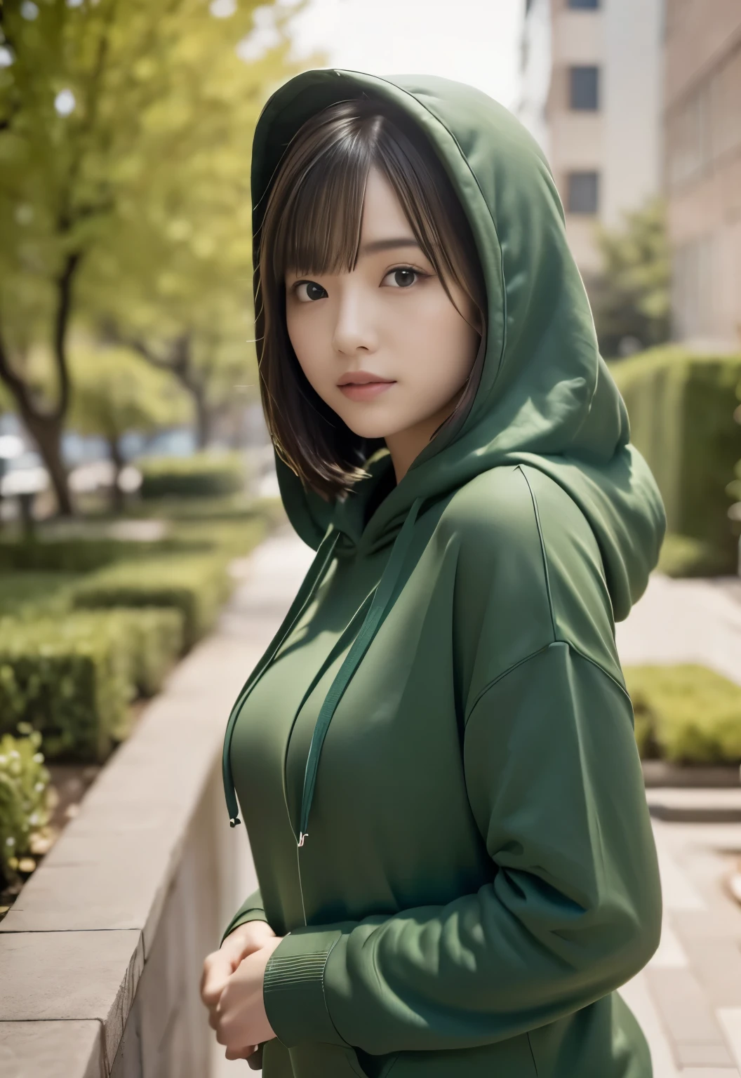 (((morning:1.3, garden:1.2, Photographed from the front))), ((hoodie:1.3, medium bob:1.3, hoodieを着た日本人女性, cute)), (clean, natural makeup), (highest quality, masterpiece:1.3, 超High resolution), (Super detailed, caustics), (realistic:1.4, RAW shooting), very detailed, High resolution, 16K resolution