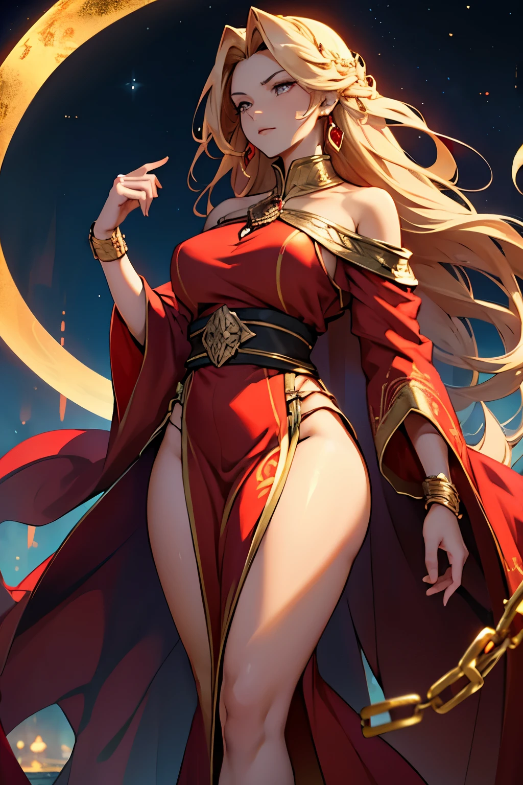 woman, 5 feet in height, very curvy, skin is light golden, hair is long and golden, eyes are golden, wears flowing red robes with thigh windows and gold trim, long flowing red sleeves with shoulder windows, lots of very decorative chain jewelry, serious expression, night sky background