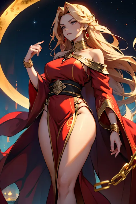 woman, 5 feet in height, very curvy, skin is light golden, hair is long and golden, eyes are golden, wears flowing red robes wit...