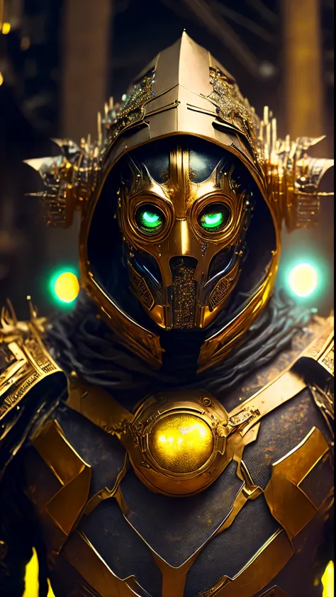 breathtaking cinematic science fiction photo of a portrait of a non human masked grim wrapped in gold chrome metal skin, body fu...