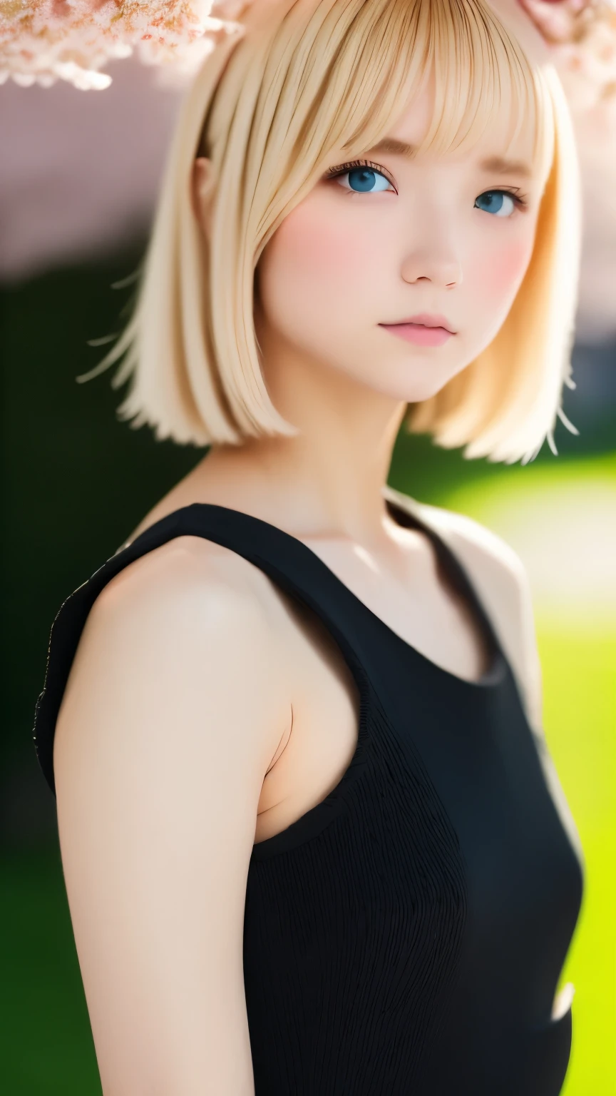 one girl、distinctive hairstyle、blonde hair、(((An ennui look)))、small eyes、plump lips、(((１６talent)))、(knit dress、black tight dress:1.5)、outdoor、midsummer sunshine、summer park、cherry blossoms、Someiyoshino cherry blossoms、highest quality、ultra high resolution、Super detailed、master piece:1.5、８ｋ、Filmgren、perfect anatomy、cinematic lighting、50ｍｍPhotographed with a lens、professional photographer、