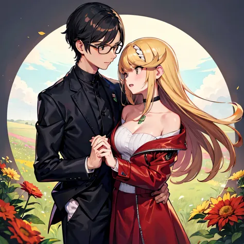 1 boy with black hair, Red jacket and glasses romantically kissing a girl with blonde hair and amber eyes. Campo de flores al fo...