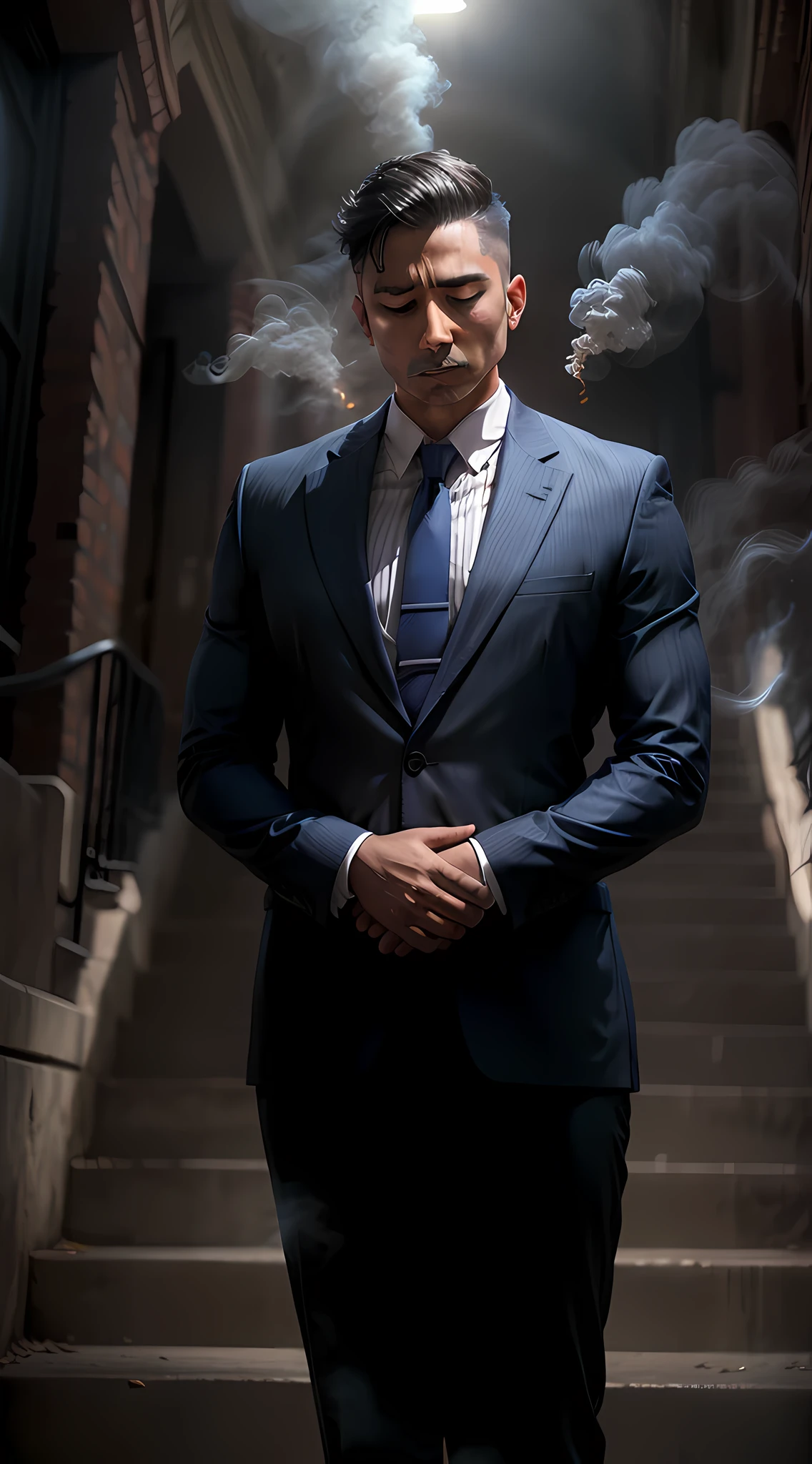 A man in a suit stands with his hands clasped praying with his eyes closed in front of his chest. He is surrounded by smoke and there are stairs in the background., ULTRA REALISTA