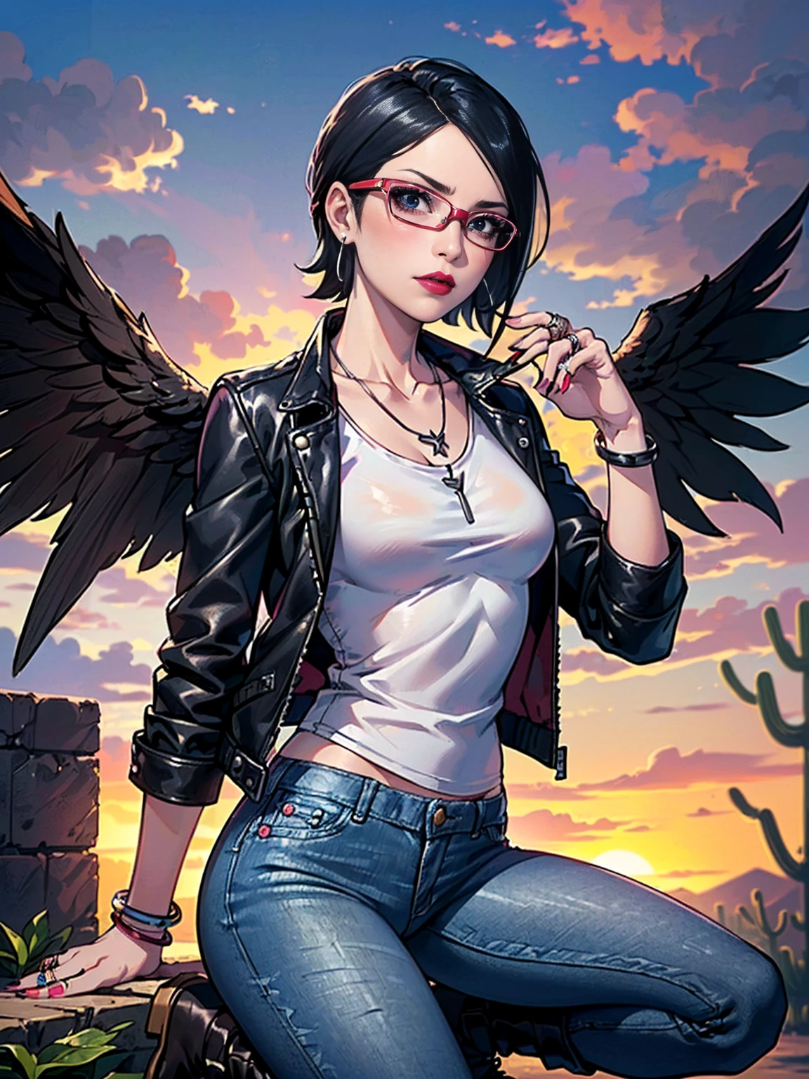 (1girl, solo, alone), (WakatsukiRisa, Sarada Uchiha, short hair, black hair black eyes, red glasses), ((solo, (1woman, pink lipstick, (small breasts)), Extremely detailed, ambient soft lighting, 4k, perfect eyes, a perfect face, perfect lighting, a 1girl)), austere, (anime style image, (masterpiece), best quality, expressive eyes, perfect face), ((phoenix wings, (leather jacket, white t-shirt, jeans, punk style), punk girl, winged woman, bracelets, rings, earrings, necklace, backgound desert, arizona, grand kenio, clouds, leather boots, open wings, aura red, trepidatious aura))