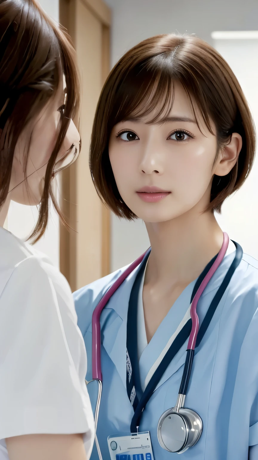 doctor and woman、hospital、(masterpiece:1.3), (8K, Photoreal, Raw photo, best image quality: 1.4), Japanese, (1 girl), beautiful face, (lifelike face), (short hair:1.3), beautiful hairstyle, realistic eyes, beautiful eyes, (real looking skin), beautiful skin, Charm, 超A high resolution, surreal, high detail, golden ratio, detail makeup,nurse、nurse、Examination in the examination room、