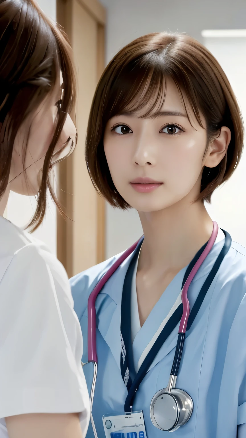 doctor y mujer、hospital、(Obra maestra:1.3), (8k, Photoreal, foto en bruto, mejor calidad de imagen: 1.4), japonés, (1 chica), hermoso rostro, (cara realista), (cabello corto:1.3), hermoso peinado, ojos realistas, ojos bonitos, (piel de aspecto real), Piel hermosa, Encanto, 超Una alta resolución, surreal, alto detalle, proporción áurea, Maquillaje detallado,Enfermero、Enfermero、Examen en la sala de examen.、