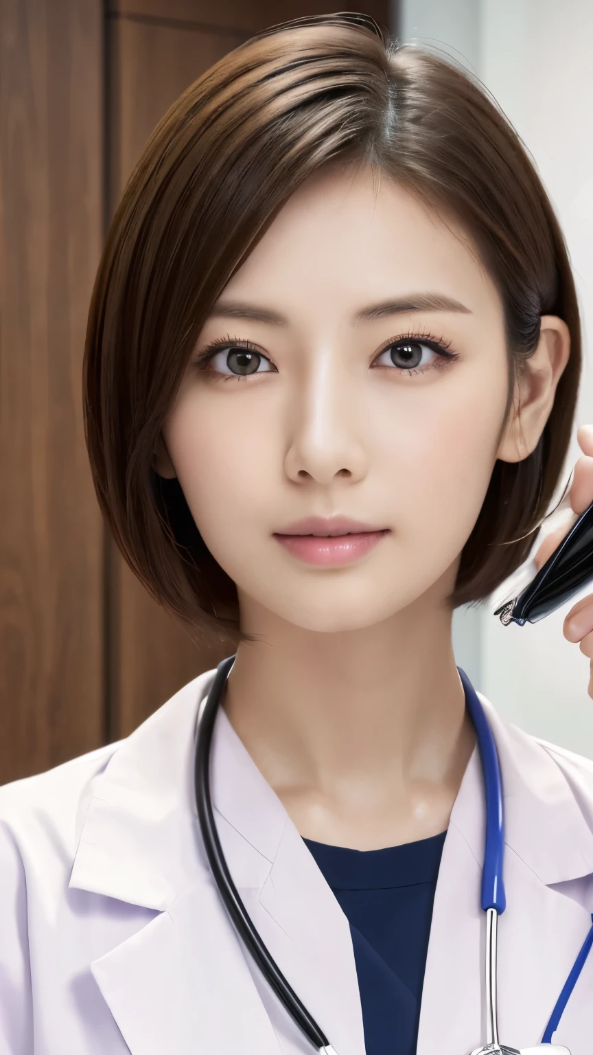 male patient and female、hospital、(masterpiece:1.3), (8K, Photoreal, Raw photo, best image quality: 1.4), Japanese, (1 girl), beautiful face, (lifelike face), (short hair:1.3), beautiful hairstyle, realistic eyes, beautiful eyes, (real looking skin), beautiful skin, Charm, 超A high resolution, surreal, high detail, golden ratio, detail makeup,nurse、nurse、Examination in the examination room、