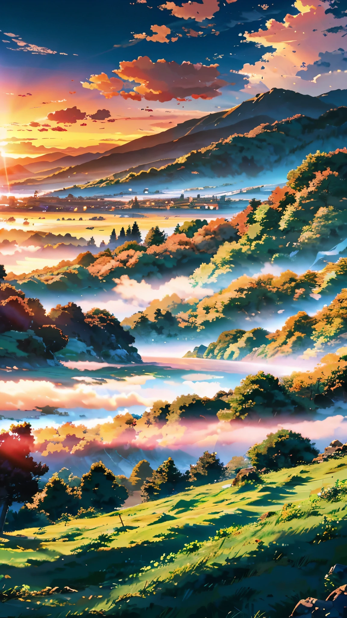 풍경, 애니메이션 스타일, 한 지방, 산과 구름을 배경으로, 울트라 HD, 해돋이