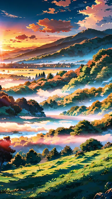 landscape, anime style, countryside, with mountains and clouds in the background, ultra hd, sunrise