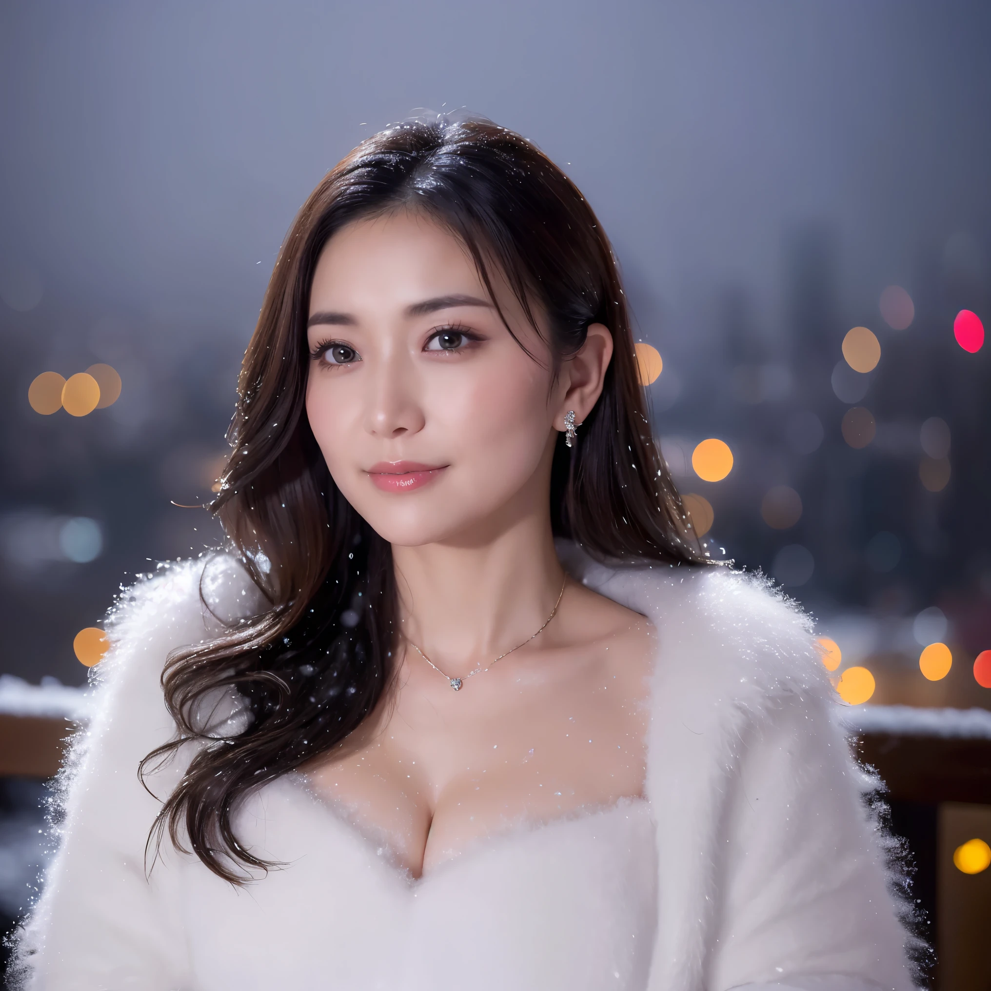 ((highest quality、table top、8K、best image quality、Award-winning work))、one beautiful mature woman、45 year old mature woman、look at me and smile、(close up of face:1.4)、(cleavage:1.1)、(big breasts:1.1)、(Perfect and classy thick fur coat:1.3)、epic movie lighting、(romantic love feelings:1.2)、(The most romantic and moody atmosphere:1.2)、(winter city:1.1)、Snow scenery of the city:1.1)、(The snow in the air sparkles finely:1.2)、(that&#39;It&#39;s snowing heavily:1.1)、(Tyndall effect:1.1)、(Night view of a snowy city:1.5)、Shining beautiful skin、(accurate anatomy:1.1)、Ultra high definition beauty face、long eyelashes、natural makeup、ultra high definition hair、ultra high resolution eyes、(Shining beautiful skin with ultra-high resolution:1.1)、Super high resolution glossy lips、radiant beautiful skin