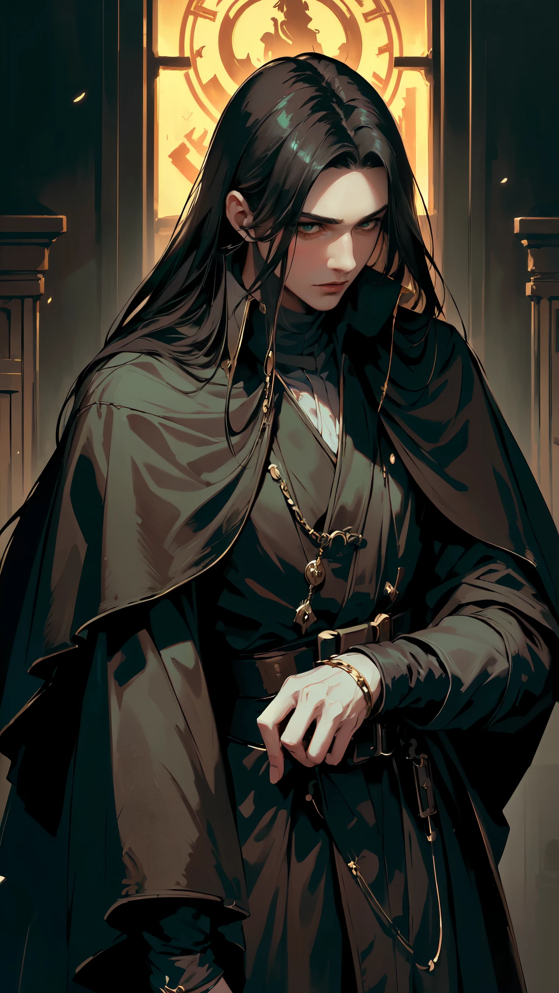(8K Masterpiece.High Quality.Digital Art.Beautiful and Aesthetic anime style.Perfect compositions and excellent perspective.OIL PAINTING.CLOSE details Portrait !)Long straight black haired ,1male.Pale skin,(dark green eyes),in an old fashioned black Templar's Robe (the character is in an ancient temple with atmospheric lighting and architecture)