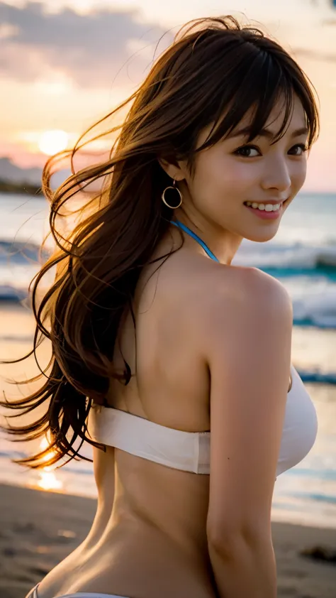 ((Flawless解剖学)),An image of a beautiful girl on a beautiful beach in Hawaii with the sunset reflecting on the sea surface.,nice ...