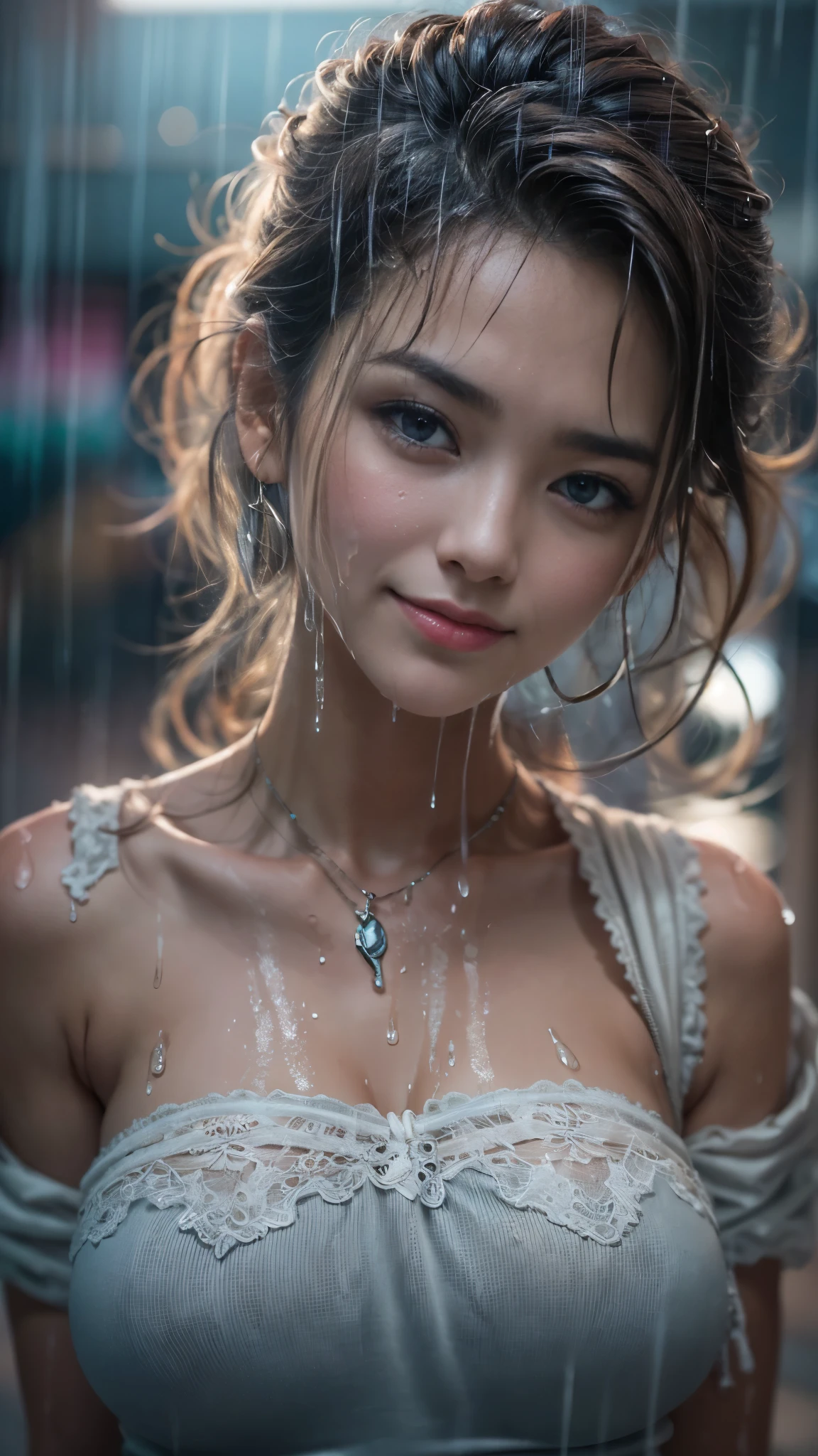 (RAW shooting, Photoreal:1.5, 8K, highest quality, masterpiece, ultra high resolution), perfect dynamic composition:1.2, Night street corner of a modern city, Heartbroken:1.3, (((Typhoon heavy rain))), Highly detailed skin and facial textures:1.2, Slim office lady wet in the rain:1.3, sexy beauty:1.1, perfect style:1.2, beautiful and aesthetic:1.1, Fair skin, very beautiful face, water droplets on the skin, (rain drips all over my body:1.2, wet body, wet hair:1.4, wet office skirt:1.2, wet office lady uniform:1.3), belt, (Medium chest, Bra is transparent, Chest gap), (expression of sadness, embarrassing smile, The expression on your face when you feel intense caress, Facial expression when feeling pleasure), (beautiful blue eyes, Eyes that feel beautiful eros:0.8), (Too erotic:0.9, Bewitching:0.9), cowboy shot, Shoulder bag, necklace, earrings, bracelet, clock