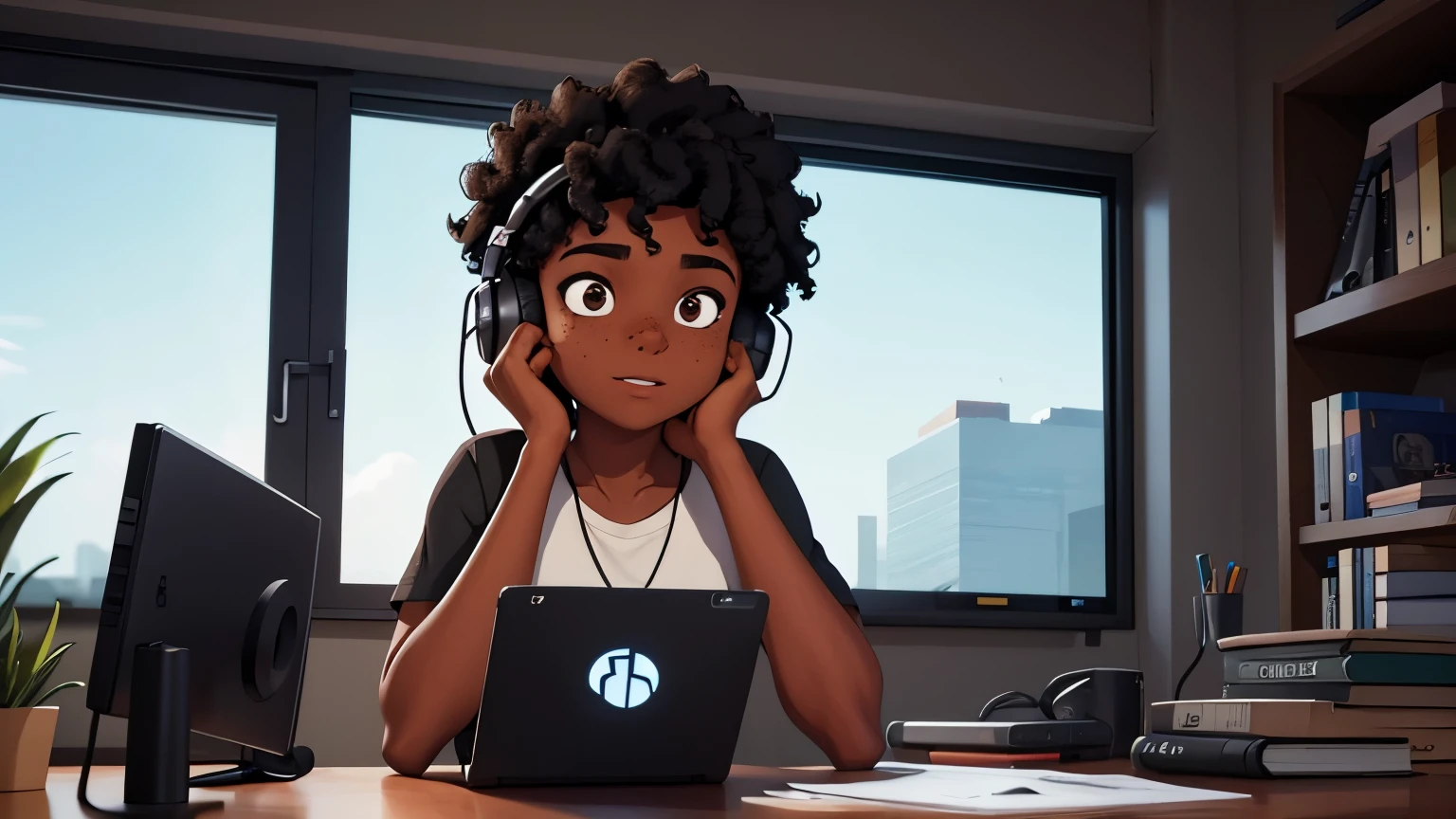 young man with dark skin, black curly hair, black eyes and freckles on her face, studying, codes, hacking, comfortable, night, headphones, high details, HD, high resolution, 4K, masterpiece