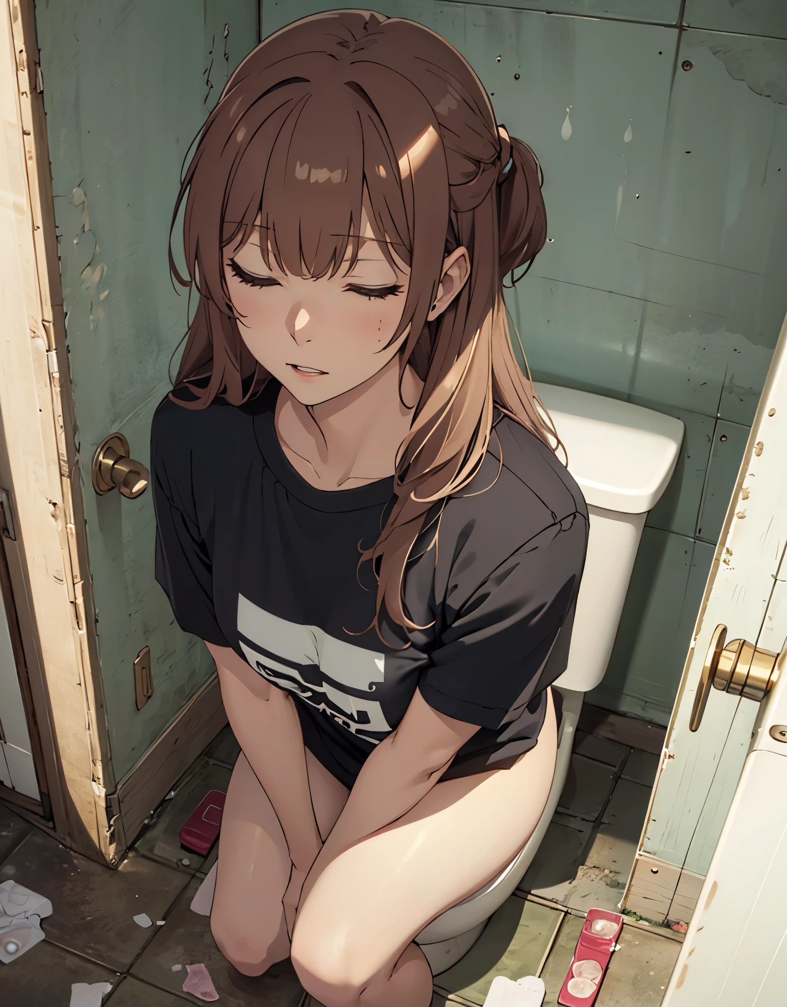 Anime girl sitting on a toilet in a dirty bathroom - SeaArt AI