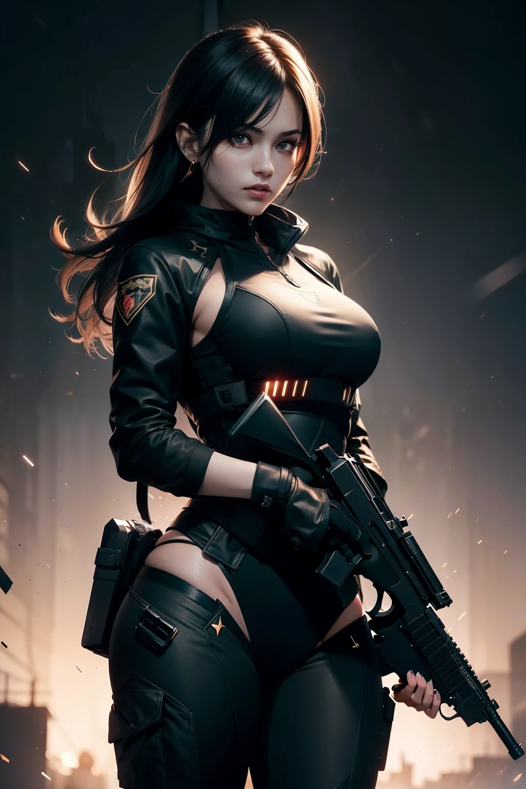 Waist up beauty girl in black body tatical combat suit holding two guns, cover in GTA aesthetic style, golden hour illumination, sharp focus, (masterpiece), best quality, expressive eyes, perfect face, glowing