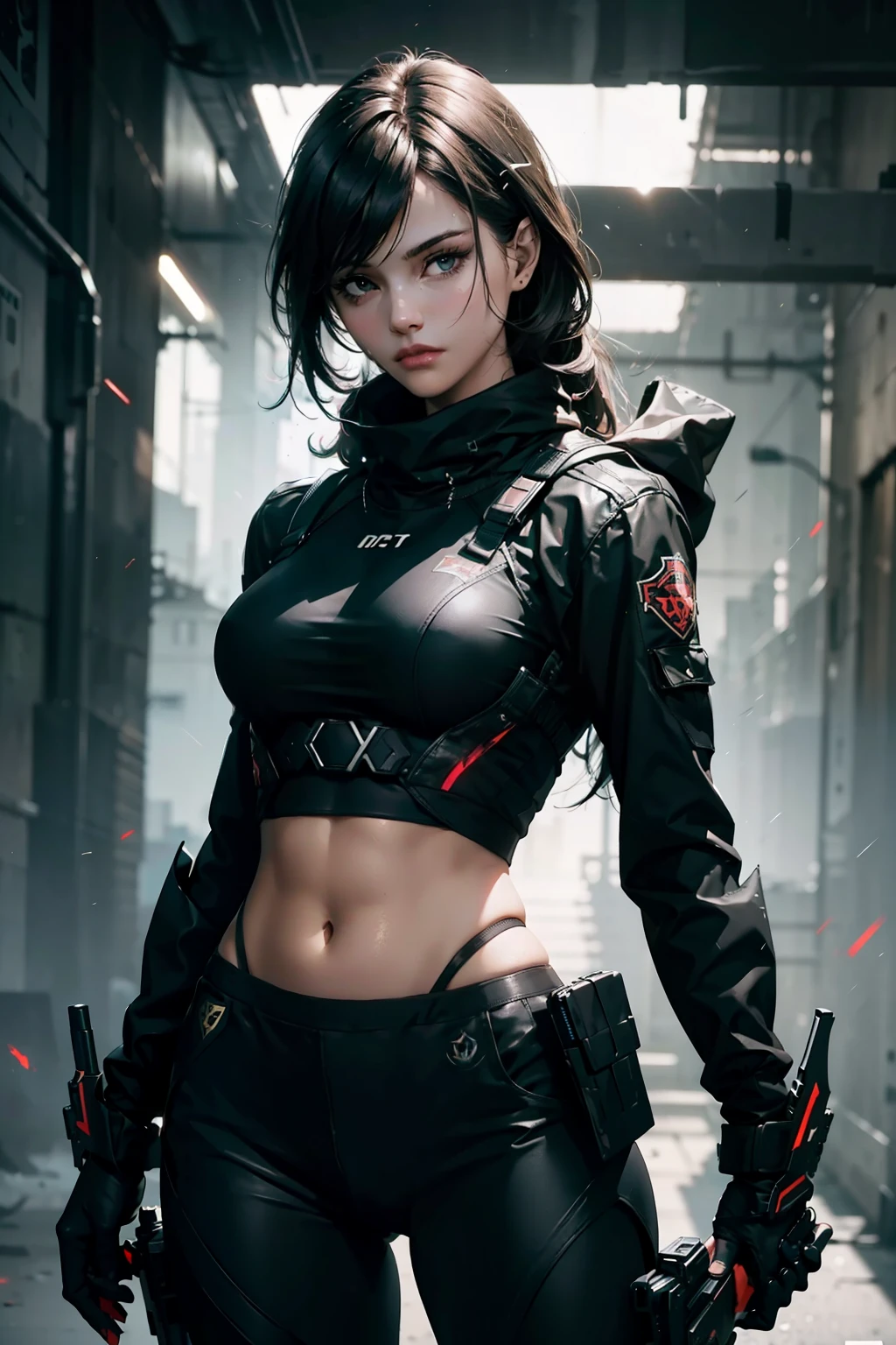 Waist up beauty girl in black body tatical combat suit holding two guns, (((cover in GTA aesthetic style::1))), golden hour illumination, sharp focus, (masterpiece), best quality, expressive eyes, perfect face, glowing