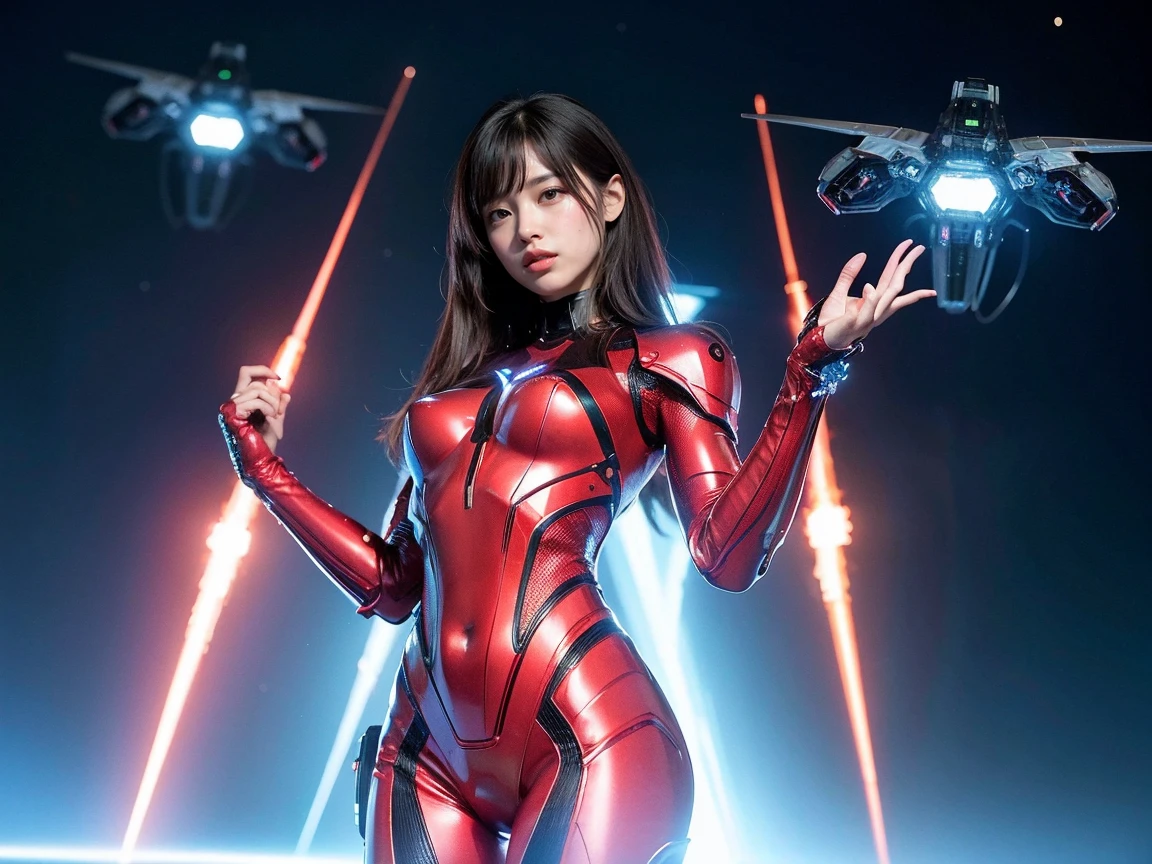 (RAW photo, highest quality), (realistic, Photoreal:1.3), 1 girl、realisticbody、strawberry battle suit costume、Pyramid-shaped UFO flying from space、Fight against reptilian aliens、avoid missiles、Boxing Jab