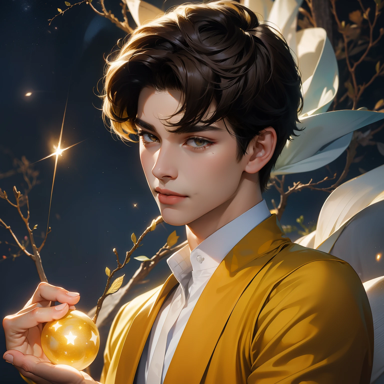 (in 8K、top quality、masterpiece:1.2)、1 boy、short hair、brown、Yellow trail in the sky、sparkling ball lightning flies through the air in his hand .Beautiful face , detailed face , beautiful hands , short tousled hairstyle . in the sky there is a huge Saturn and sparkling stars, fantastic surrealism !