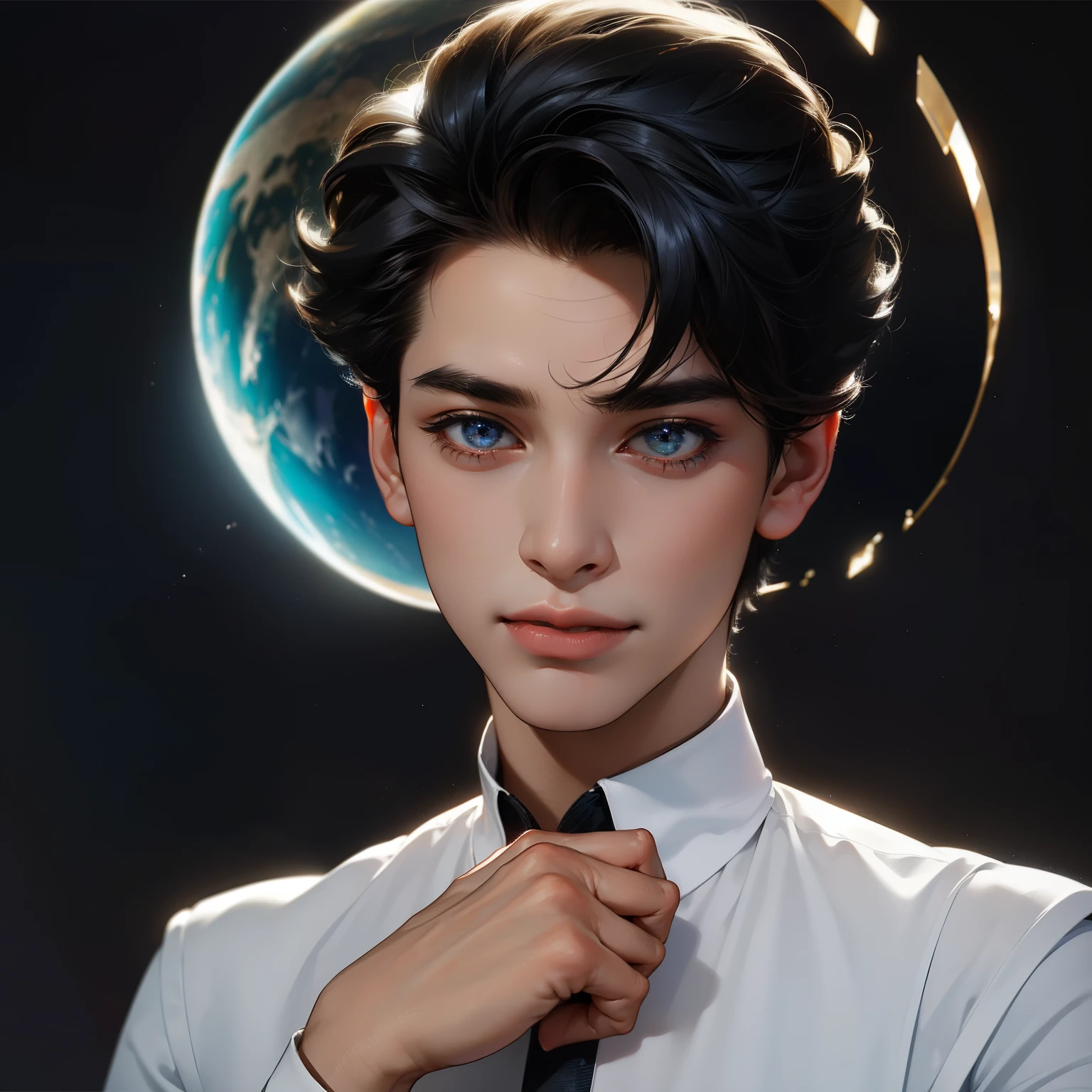 (in 8K、top quality、masterpiece:1.2)、1 boy、short hair, meteorite trail in the sky、sparkling ball lightning flies through the air in his hand .Beautiful face , detailed face , beautiful hands , short tousled hairstyle . in the sky there is a huge Saturn and sparkling stars, fantastic surrealism !