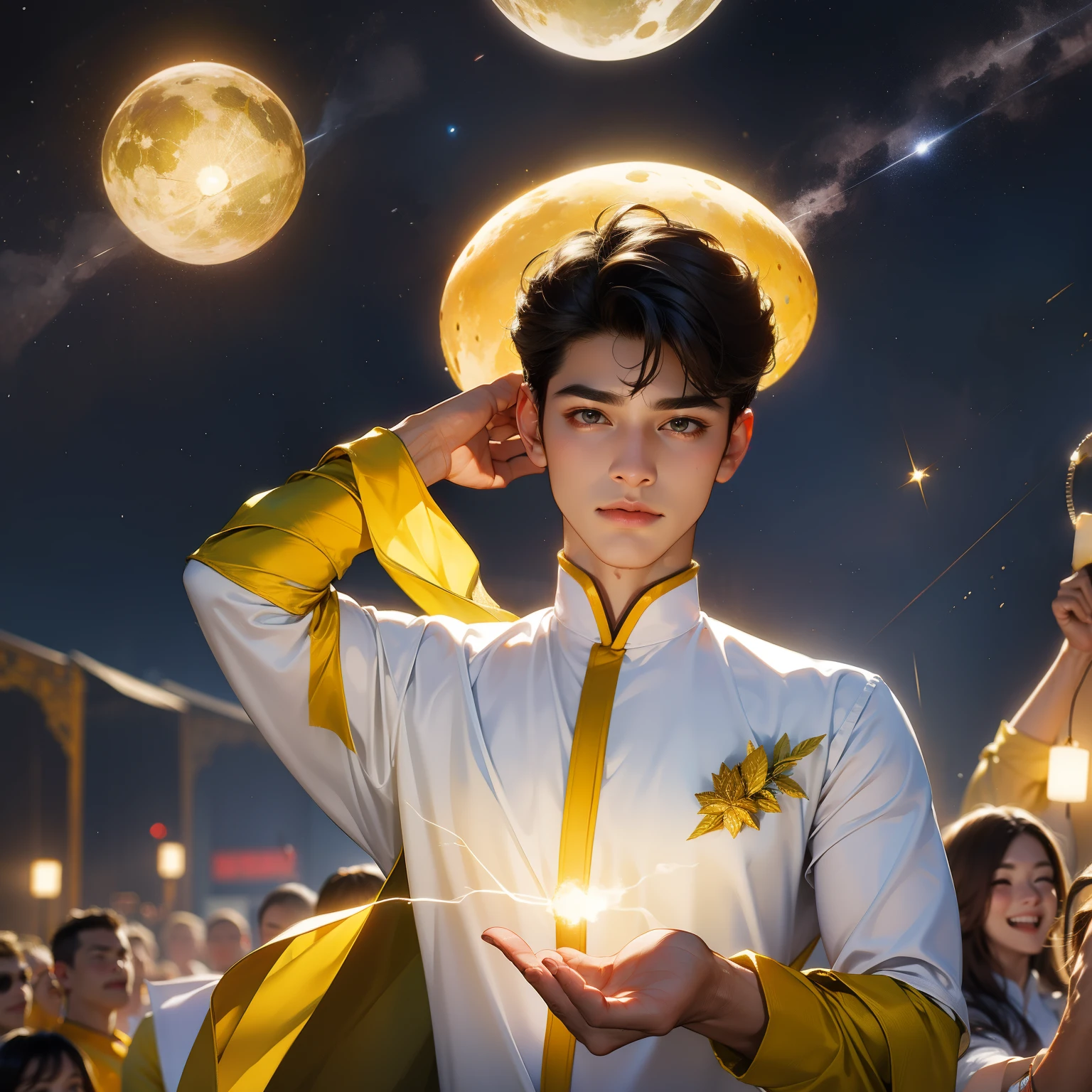 (in 8K、top quality、masterpiece:1.2)、1 boy、short hair、brown、Yellow trail in the sky、sparkling ball lightning flies through the air in his hand .Beautiful face , detailed face , beautiful hands , short tousled hairstyle . in the sky there is a huge Saturn and sparkling stars, fantastic surrealism !