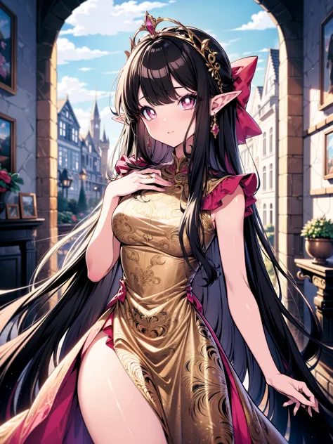 (masterpiece), (best quality, ultra-high resolution, depth of field:1.2), (perfect anatomy), fair skin, elf woman, pink eyes, bl...