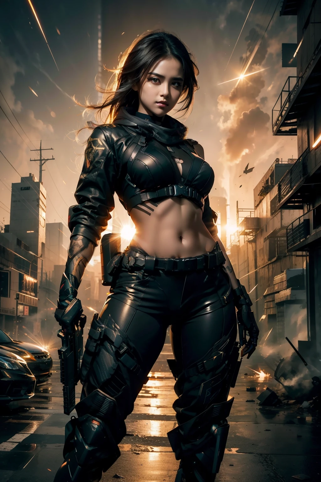 Waist up beauty girl in black body tatical combat suit holding two guns, golden hour illumination, sharp focus, (masterpiece), best quality, expressive eyes, perfect face, glowing